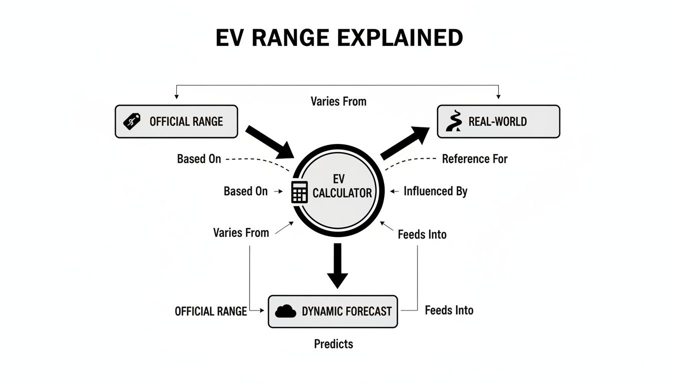 Diagram explaining EV range, illustrating how official range, real-world data, EV calculator, and dynamic forecast interact.