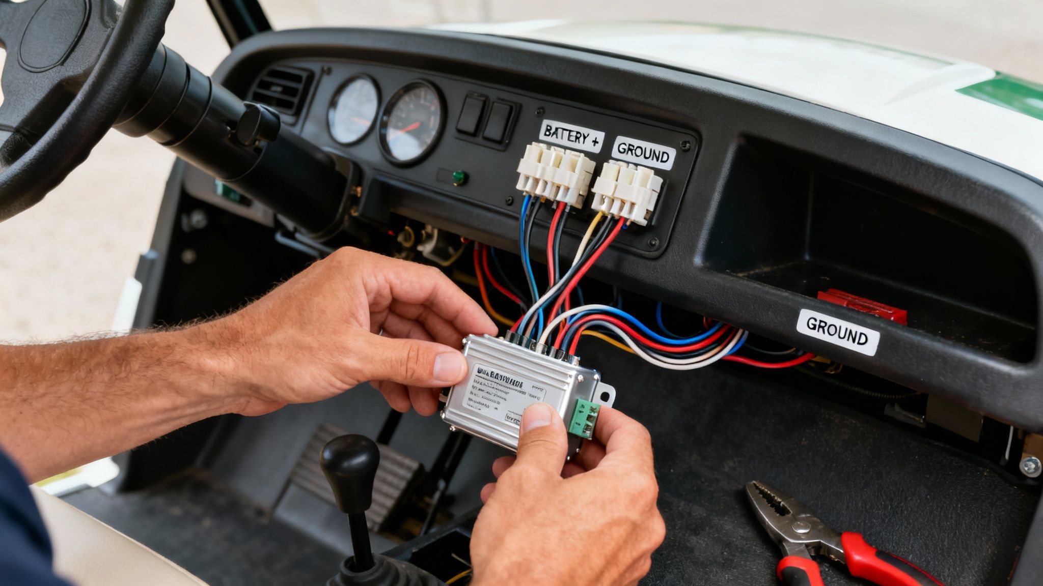 Close-up of hands installing an electronic device and wiring inside a golf cart dashboard.