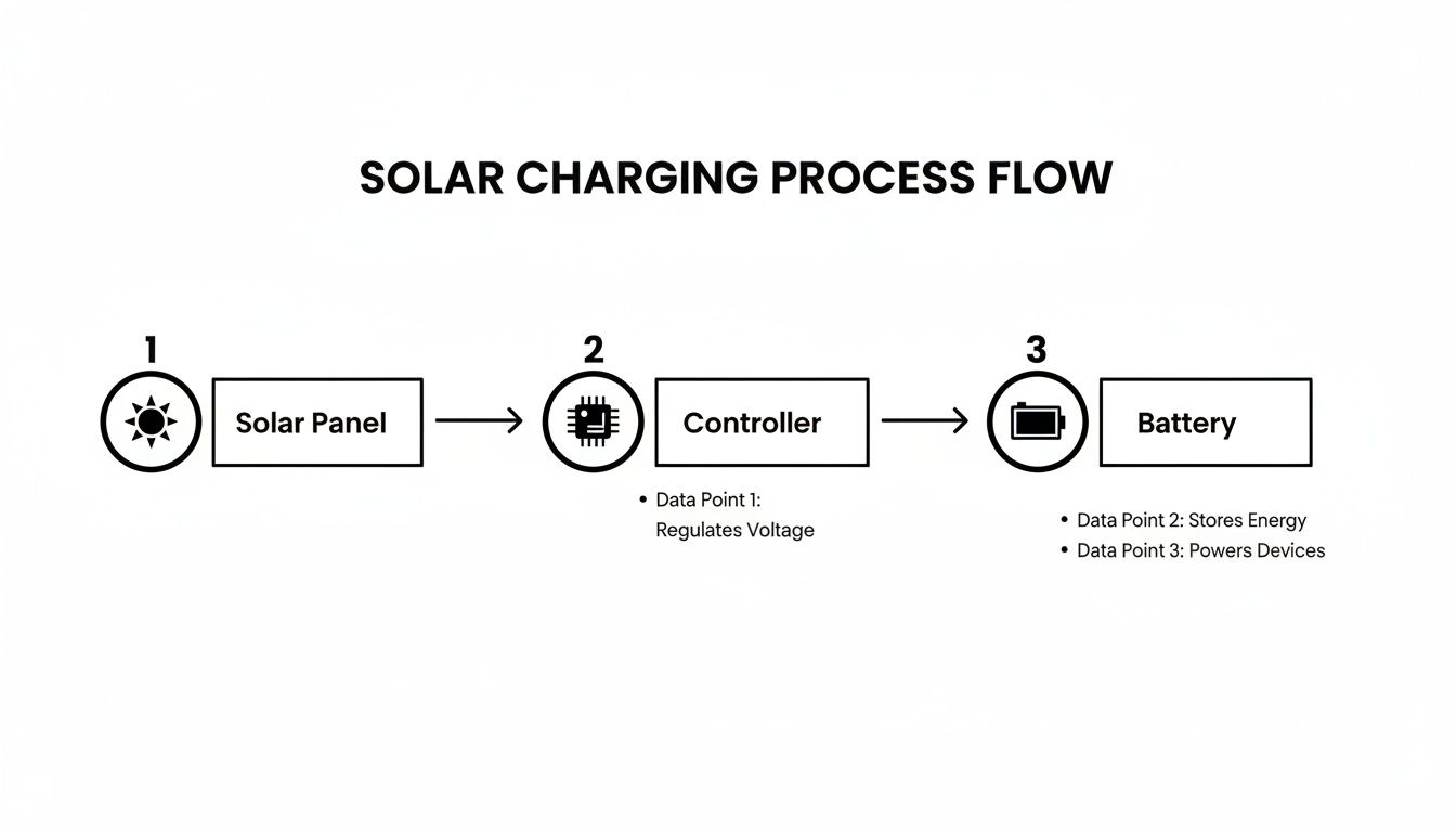 A diagram illustrates the solar charging process flow: solar panel, controller, and battery functions.