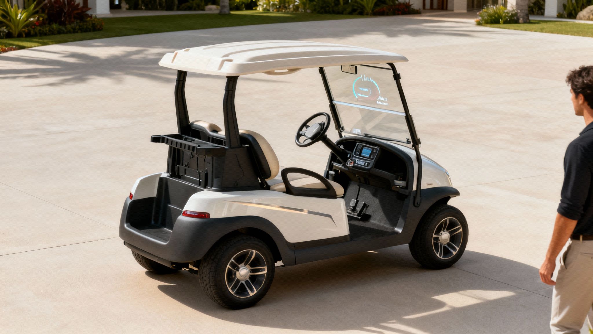 A sleek white and black golf cart with a digital display on the windshield, parked on a paved driveway.