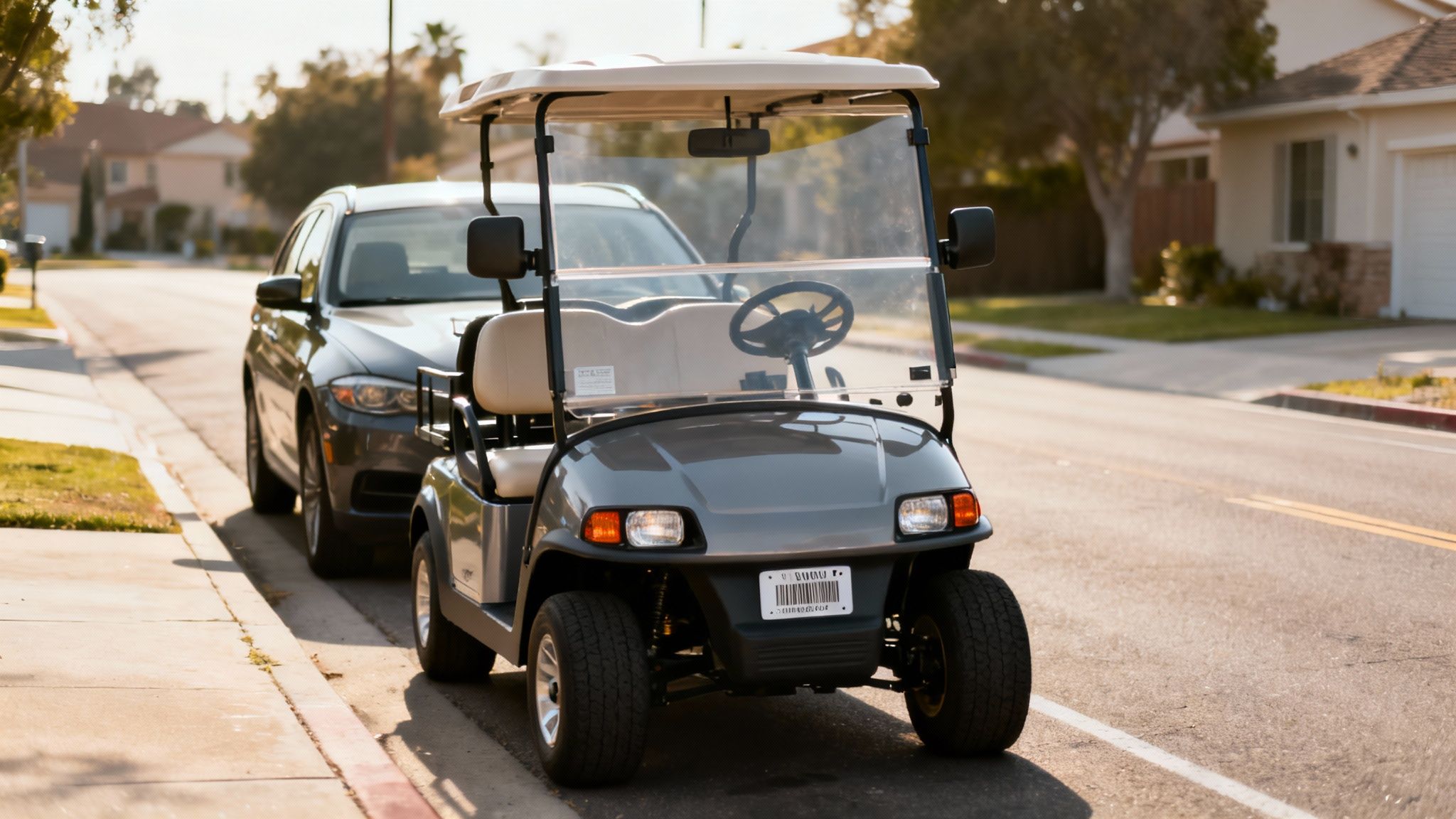 A gray street-legal golf cart and dark car parked curbside on a sunny suburban street with houses.
