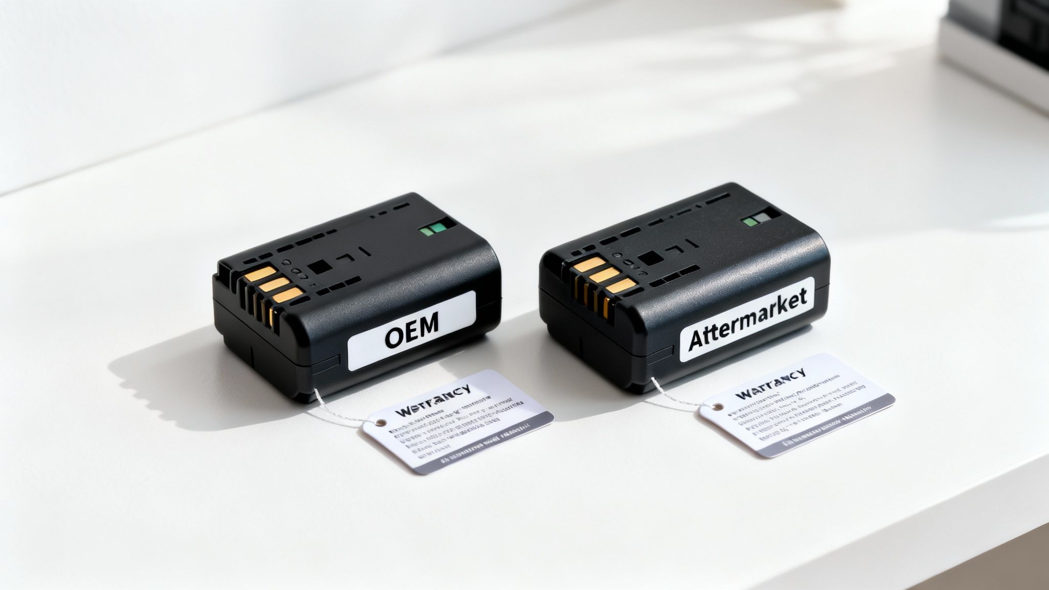 Two black batteries, one labeled OEM and the other Aftermarket, with warranty tags.