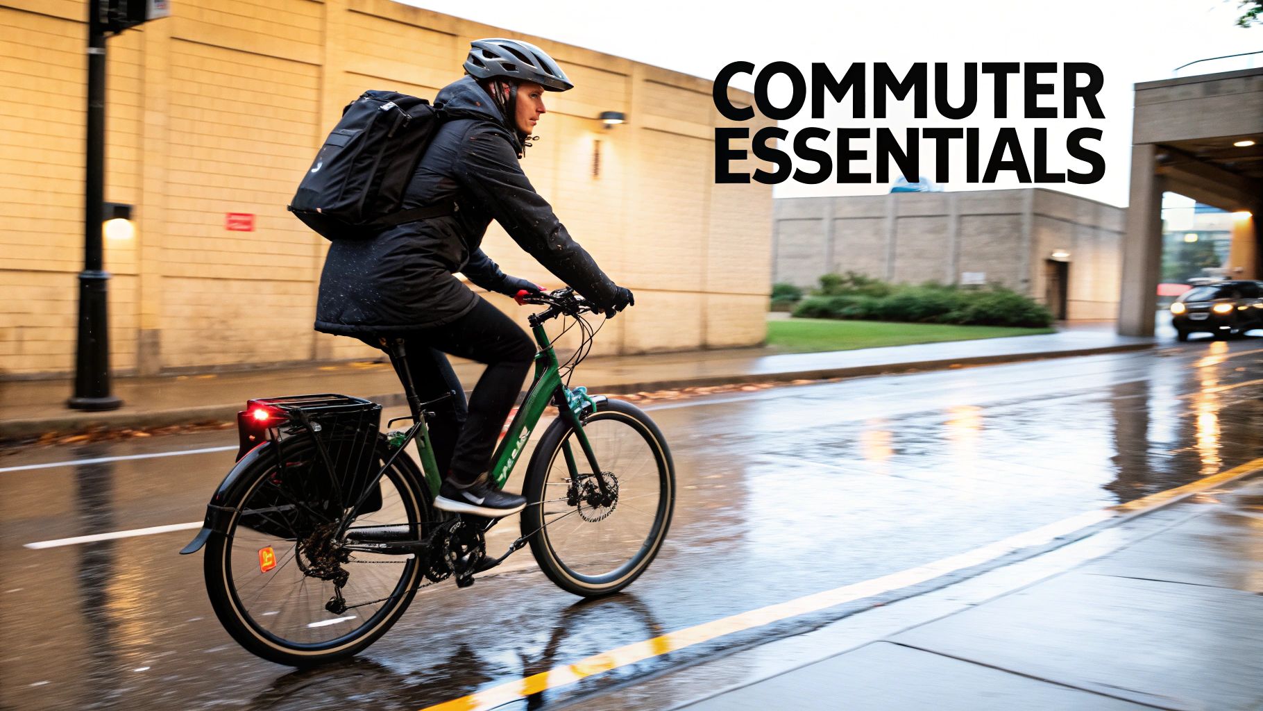 Professional cyclist commuting on green electric bike through wet city street wearing helmet and backpack
