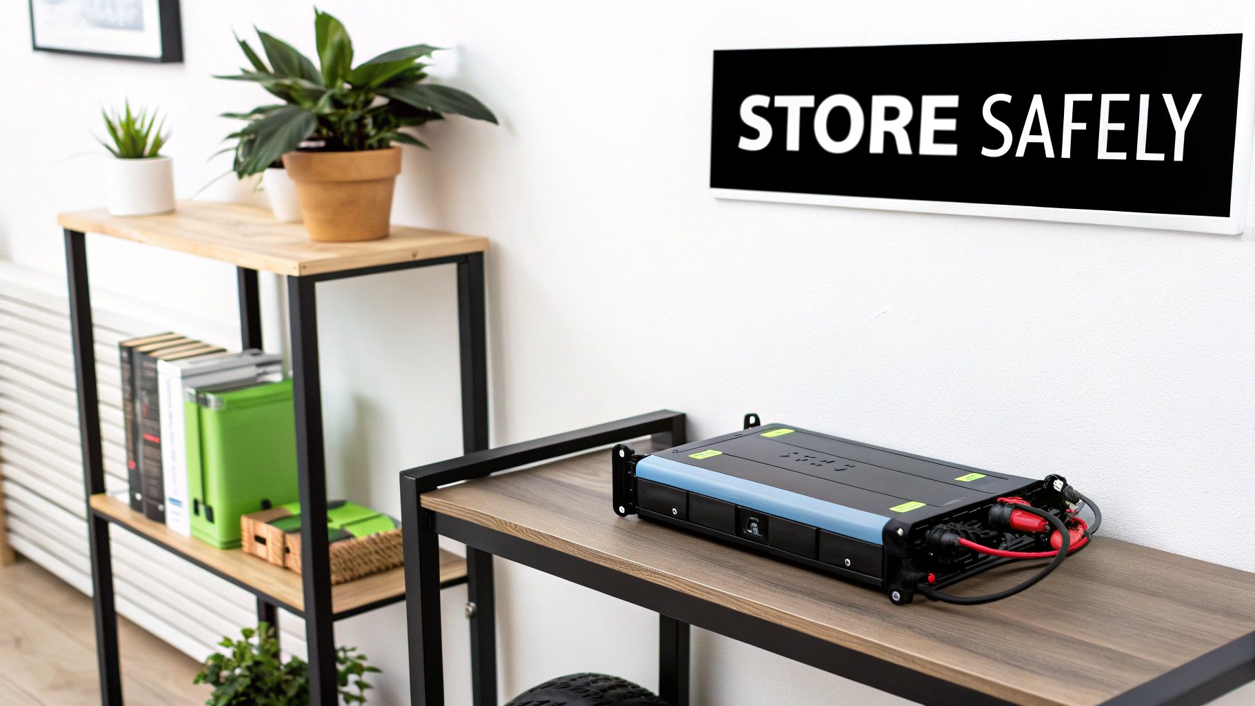 A black and blue battery pack with cables rests on a wooden shelf under a 'STORE SAFELY' sign.