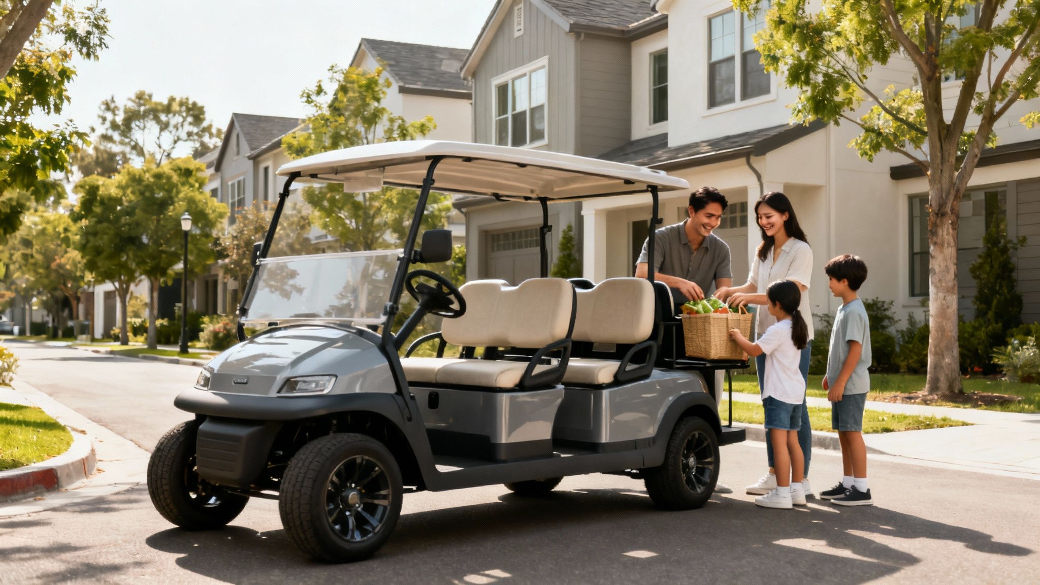 A happy family loading groceries into a grey 4-seater golf cart on a sunny residential street.