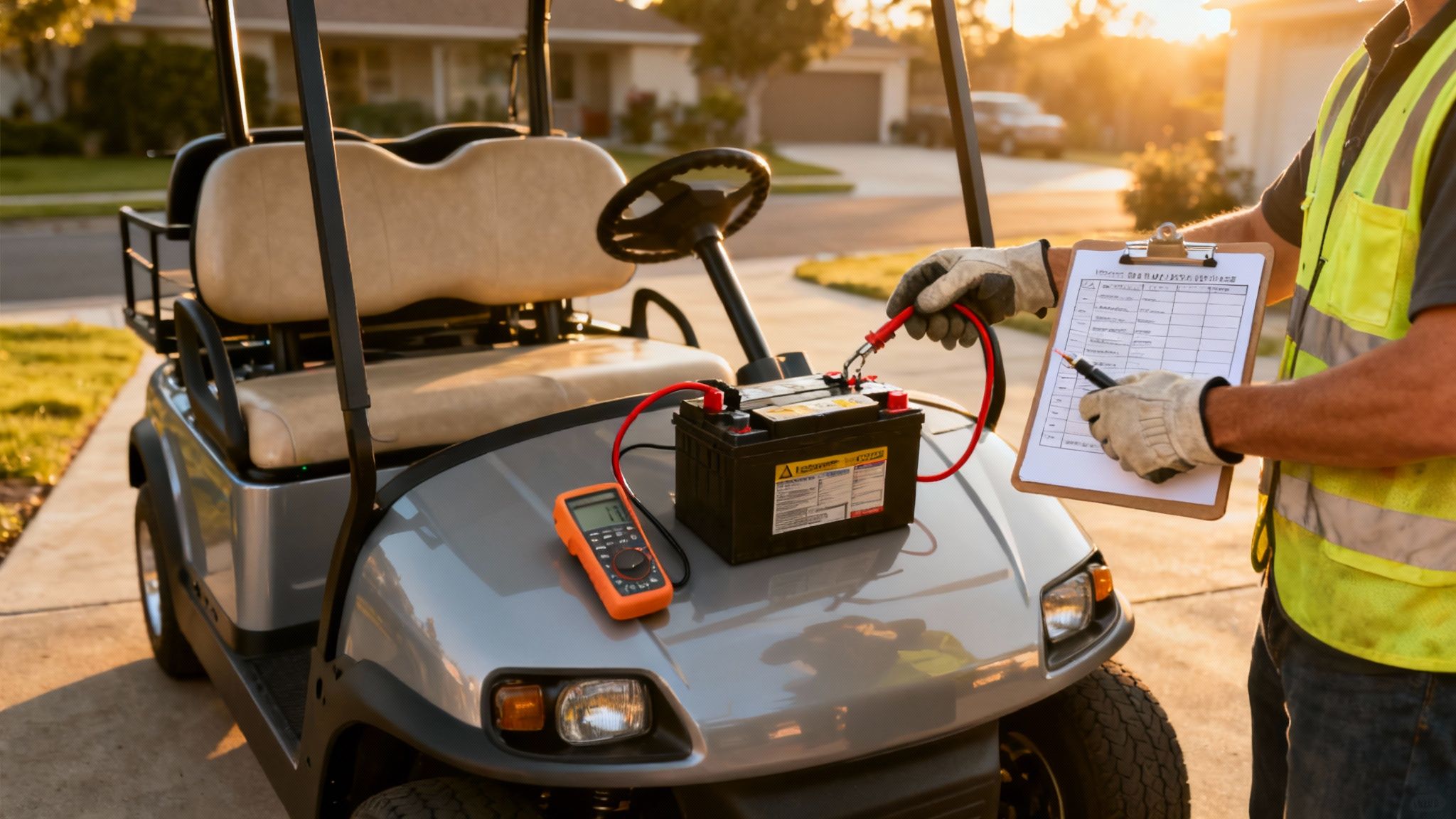 Technician testing golf cart battery with multimeter and checklist during conversion maintenance inspection