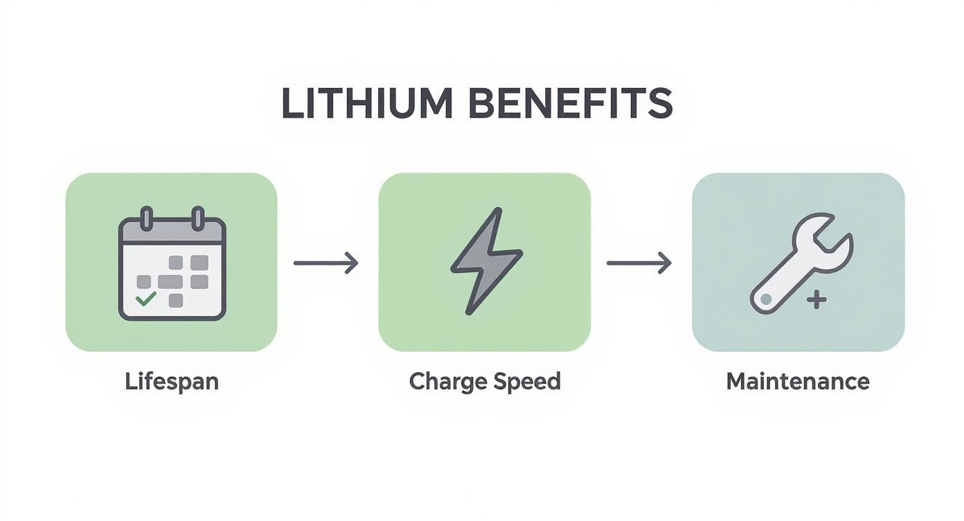Infographic showing three key lithium battery benefits: long lifespan, fast charge speed, and low maintenance requirements