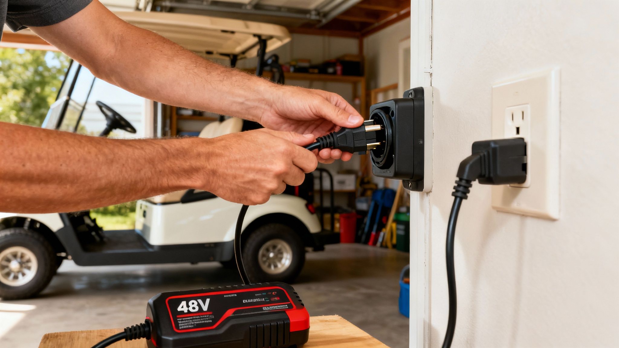 A person safely plugging a 48V golf cart charger into their vehicle in a well-ventilated garage.