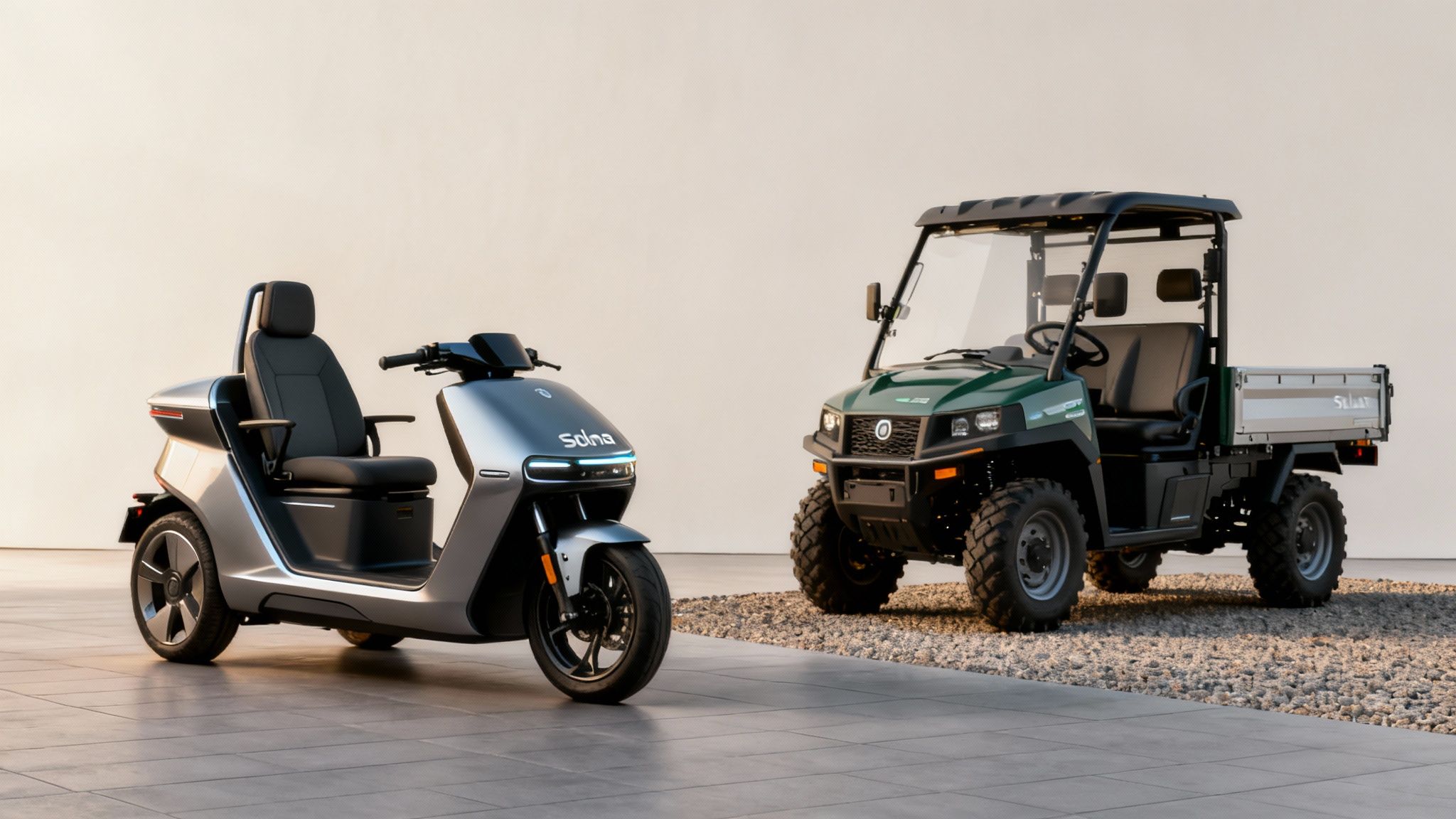 Two Solna electric vehicles: a modern silver 3-wheeled scooter and a green utility golf cart.