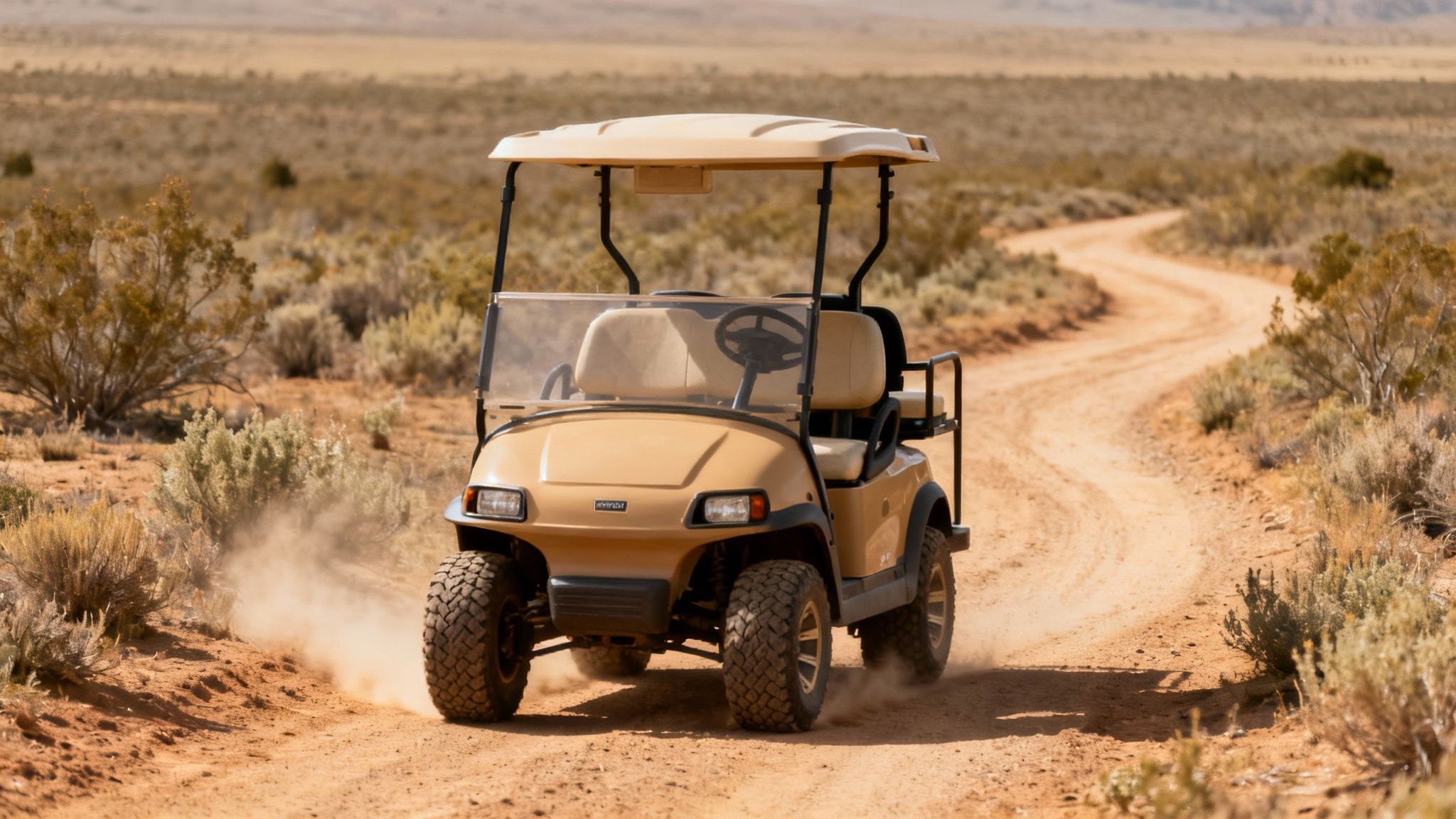 A beige golf cart drives on a dusty, winding dirt road through a dry, scrubby landscape.