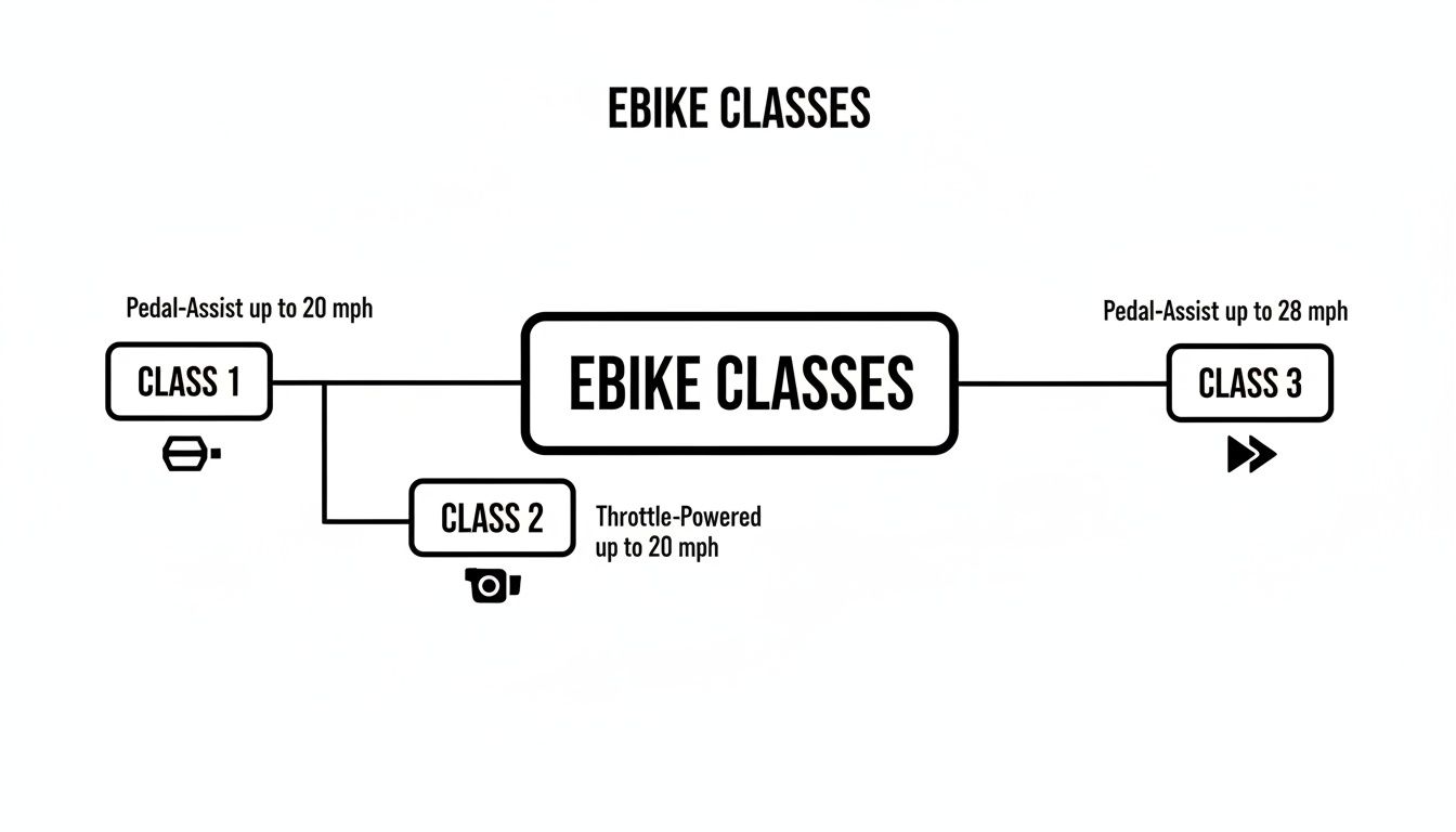 Diagram illustrating the three classes of ebikes, showing their pedal-assist and throttle speed limits.