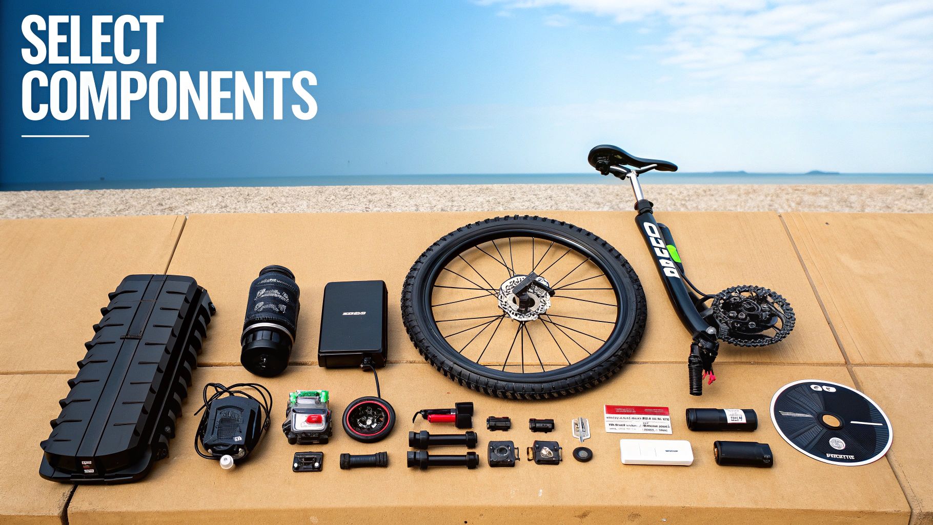 Various components for an electric unicycle or bike laid out on a surface by the beach.