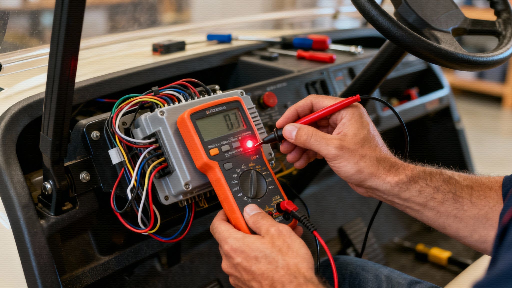 Technician using digital multimeter to test and diagnose golf cart electrical controller system