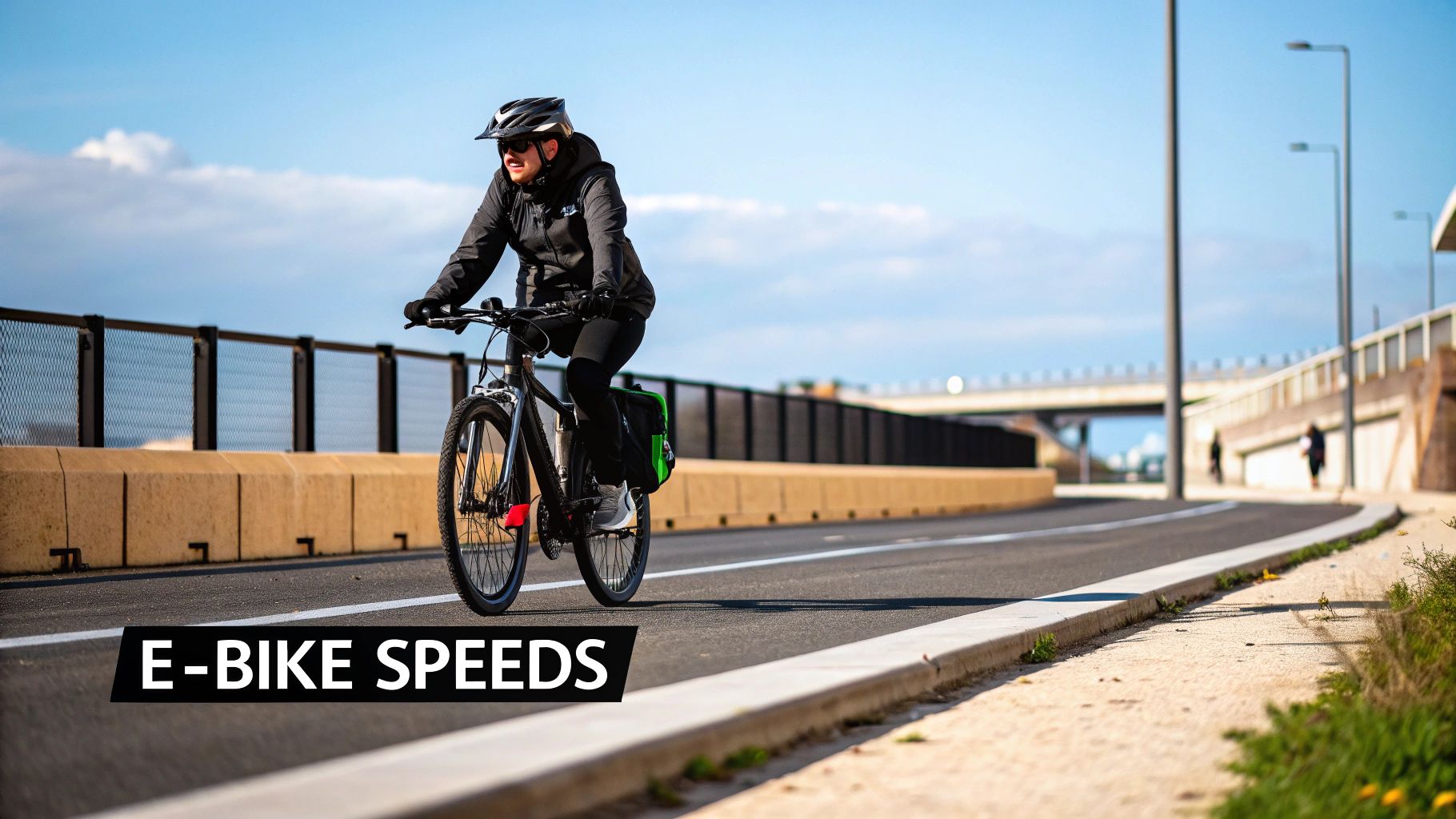 Woman wearing helmet riding electric bike on dedicated bicycle path along waterfront