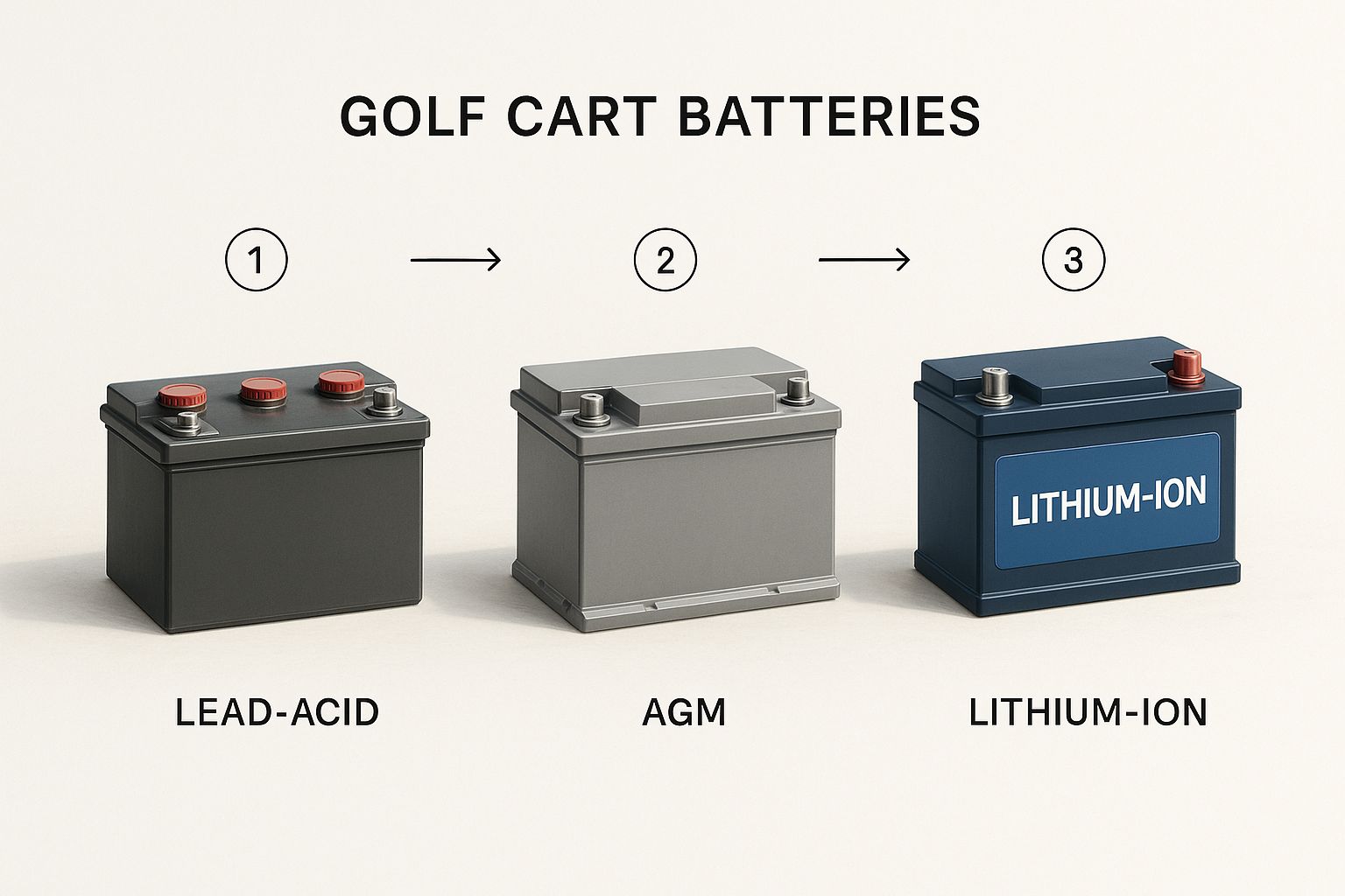Infographic showing lead-acid, AGM, and lithium-ion golf cart batteries