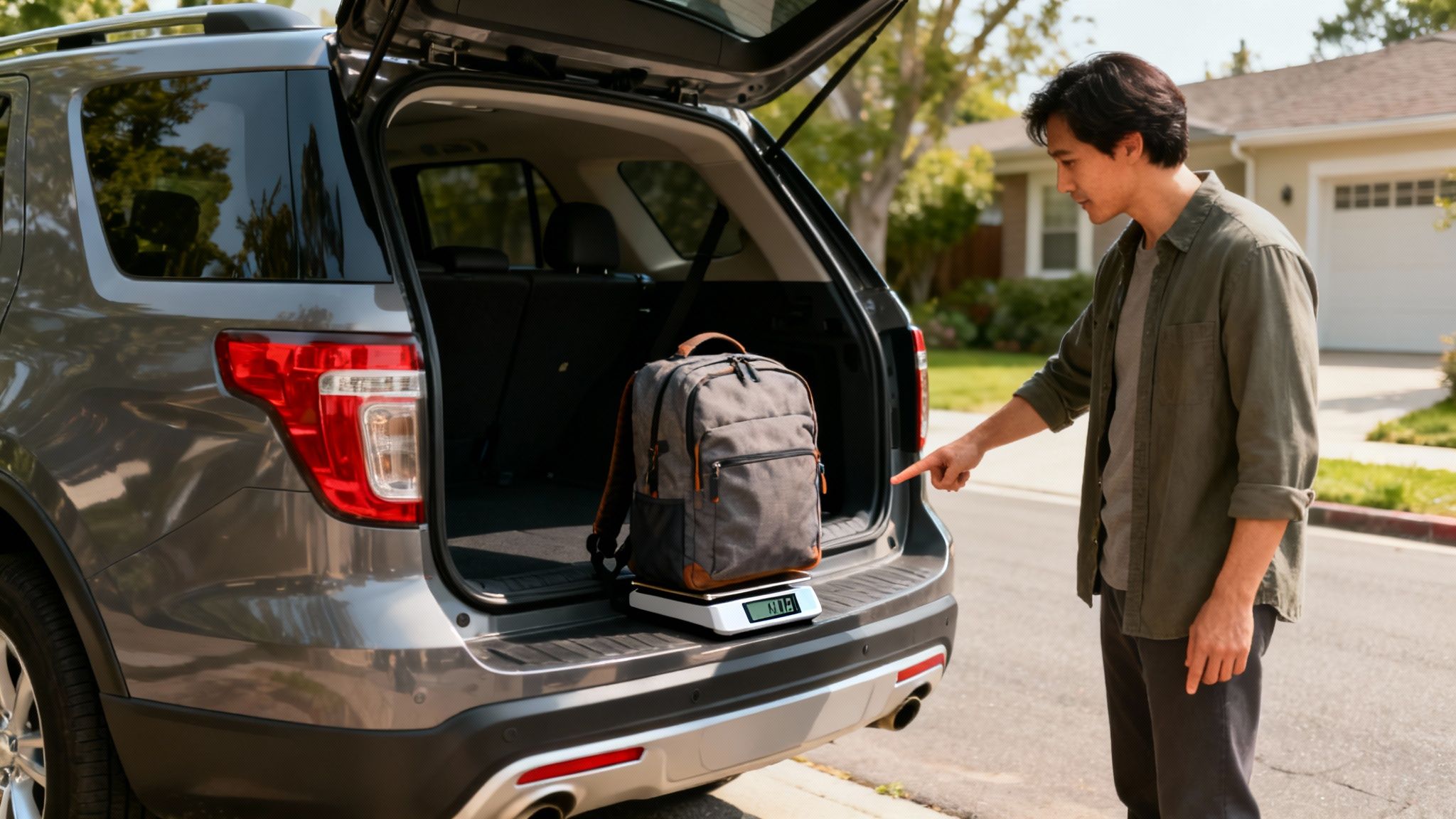 A man points at a gray backpack on a digital scale inside the open trunk of a gray SUV.