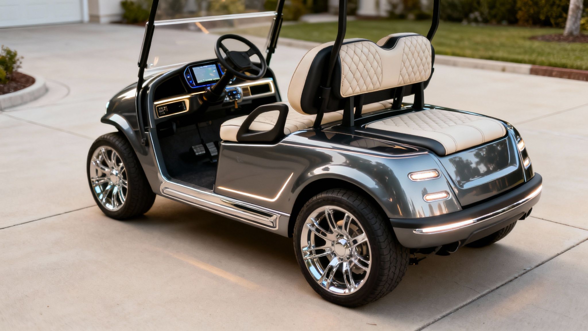 People enjoying a modern golf cart in a community setting