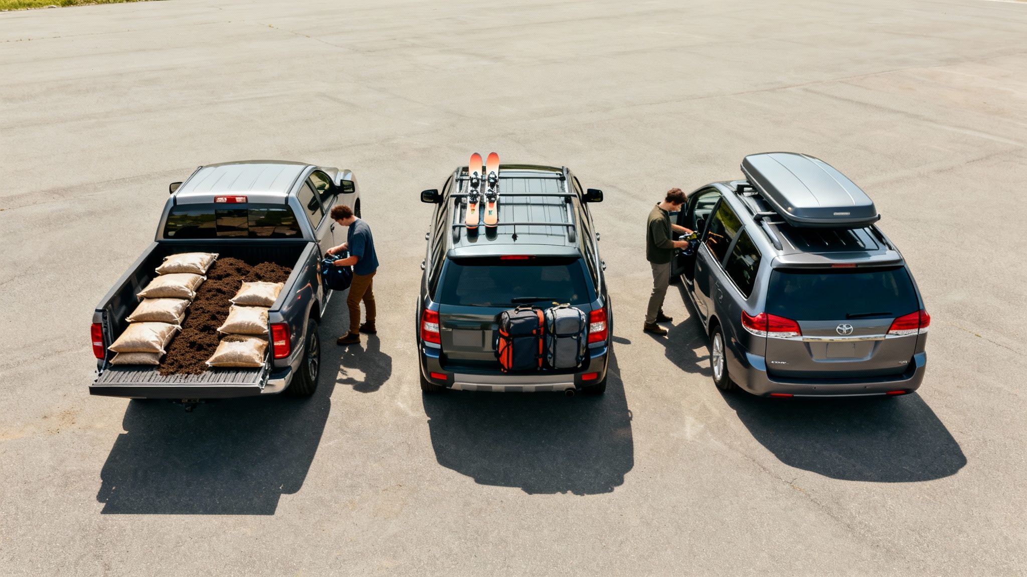 Three vehicles demonstrating different payload capacities: a truck with soil, an SUV with skis, and a minivan with a roof cargo box.