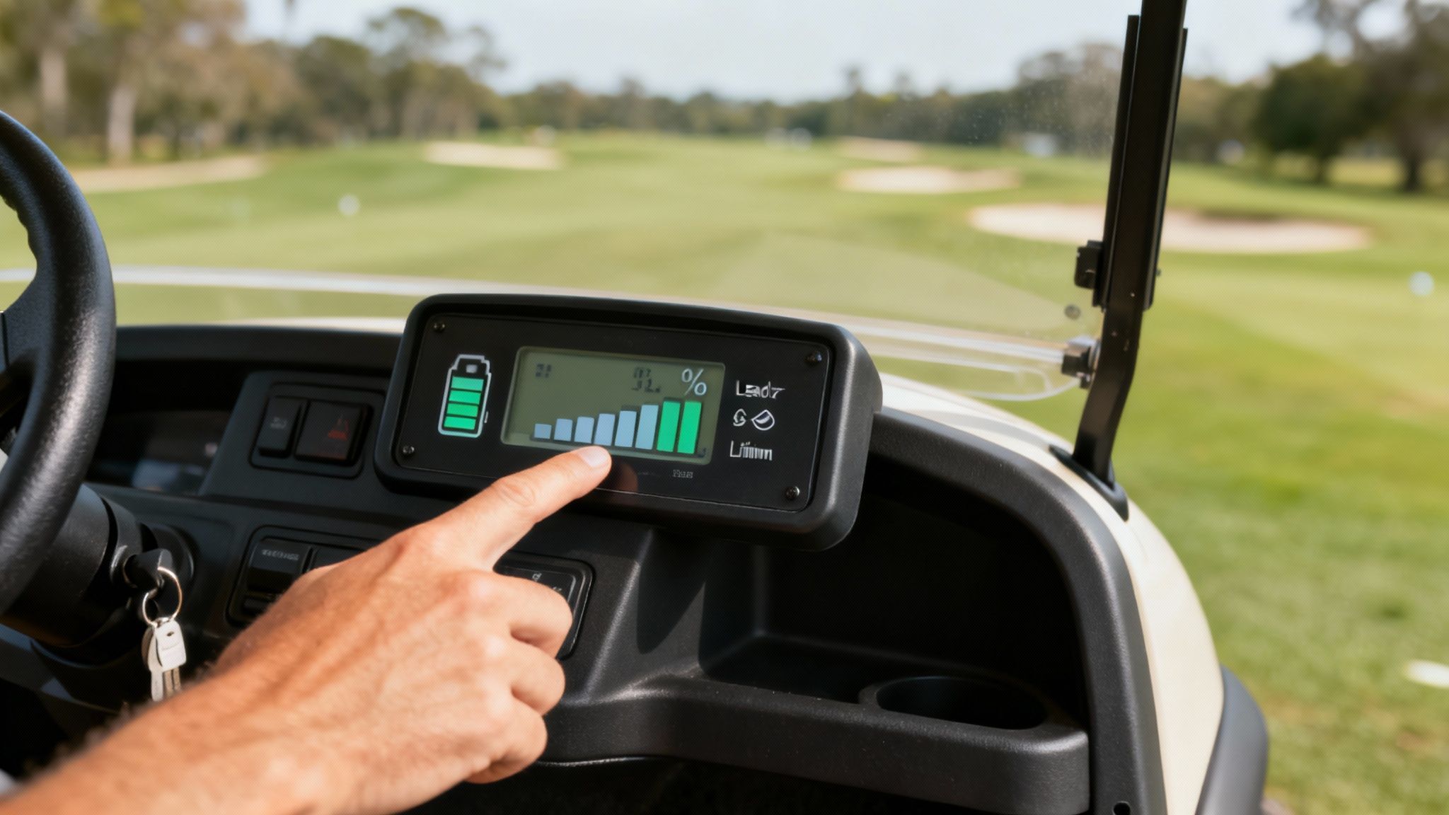 Hand checking the full battery level on a golf cart's digital display on a golf course.