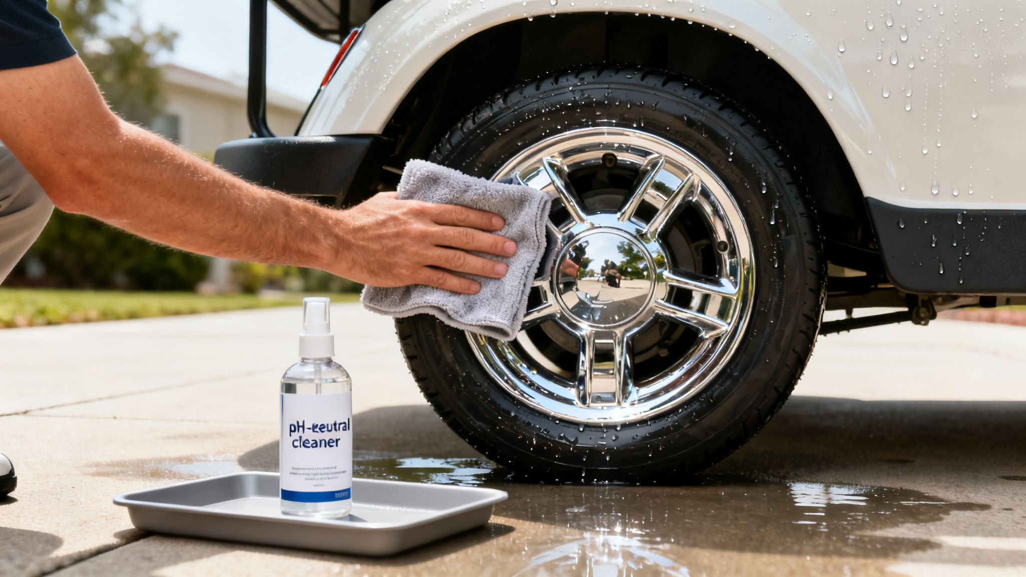 A person hand-cleaning a shiny chrome golf cart wheel with a microfiber cloth and pH-neutral cleaner.