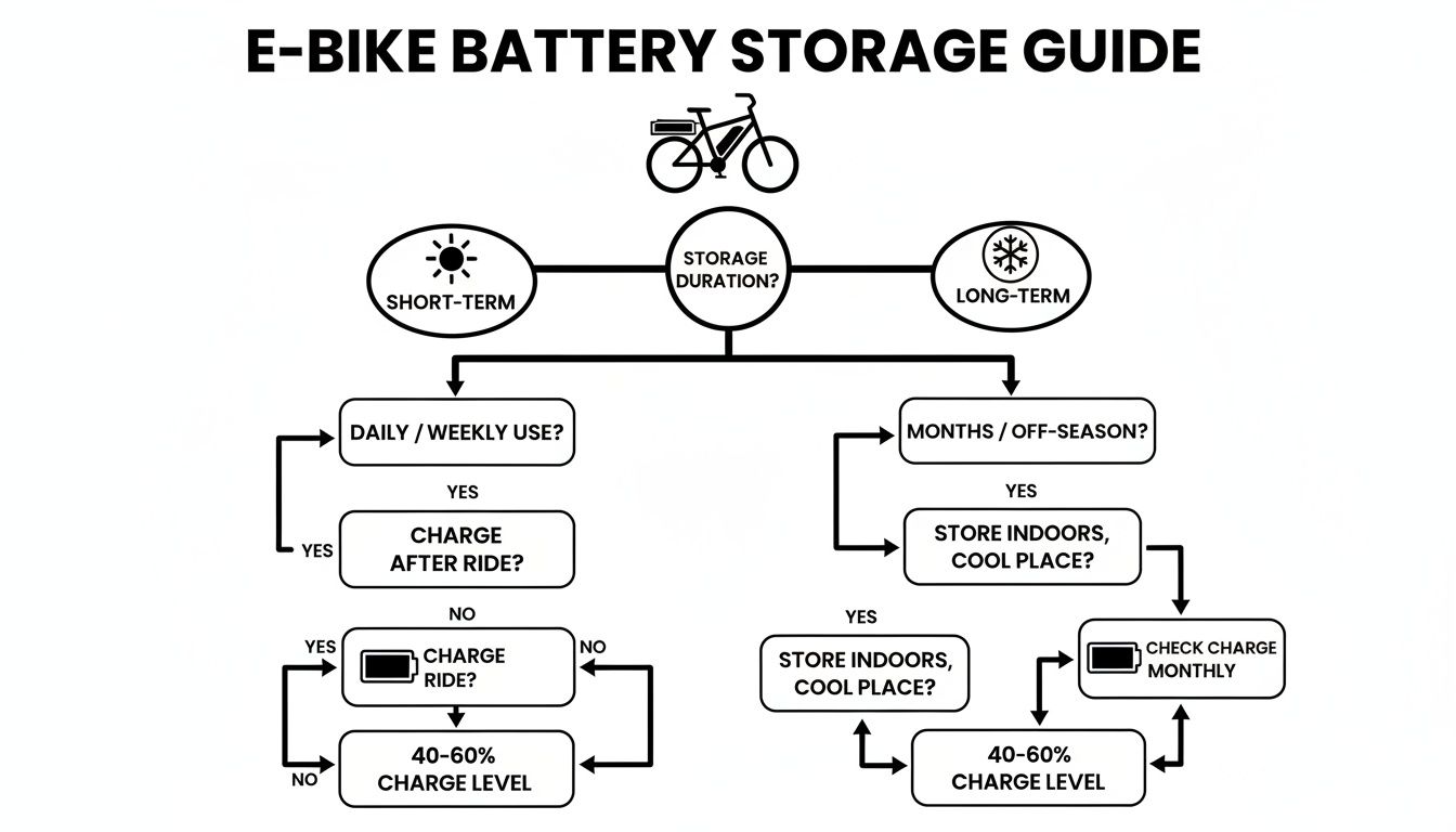 E-bike battery storage guide flowchart detailing optimal charging and storage conditions for short-term and long-term use.