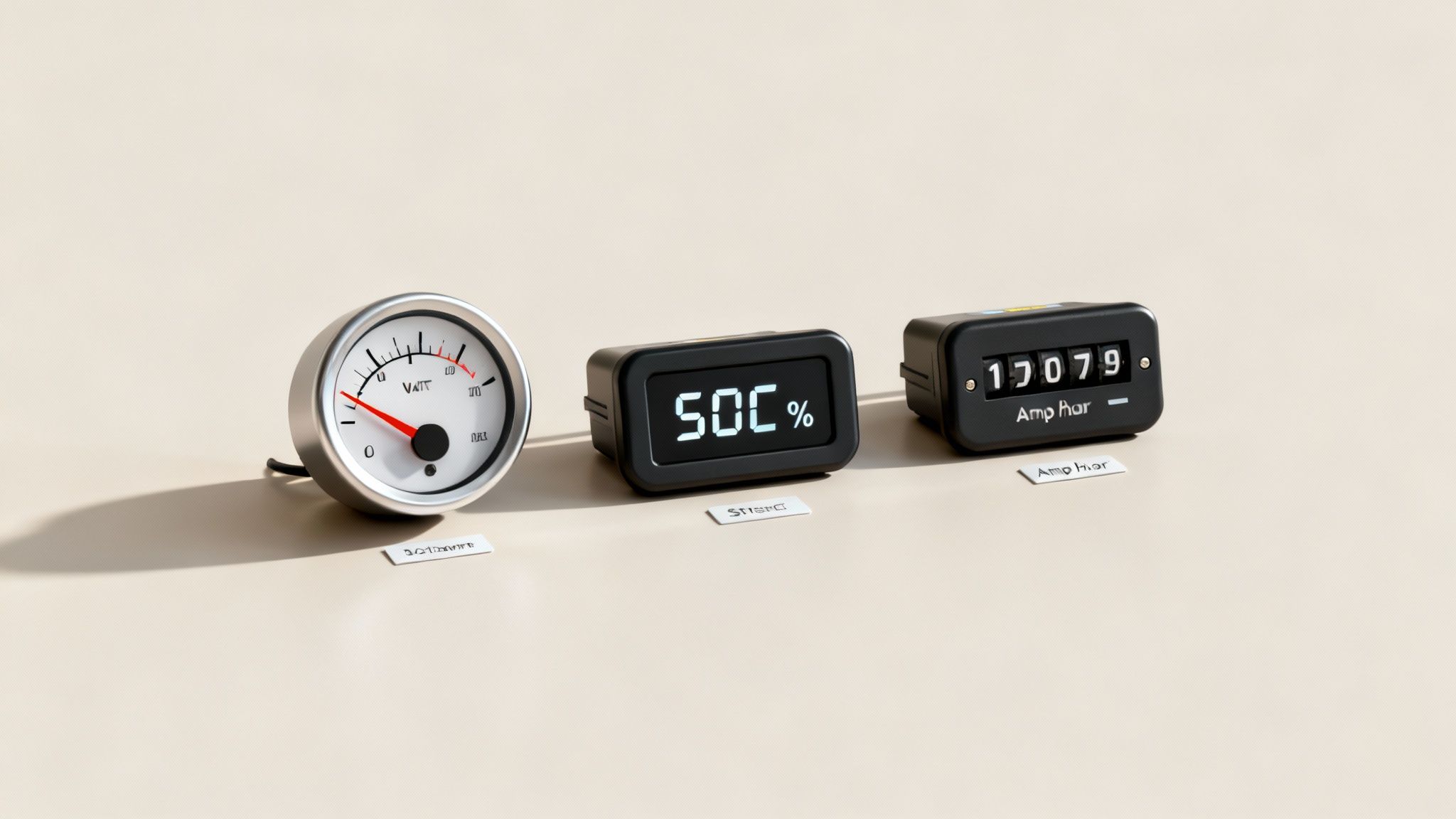 Three power measurement devices: an analog watt meter, a digital 50% SOC display, and an amp-hour counter.