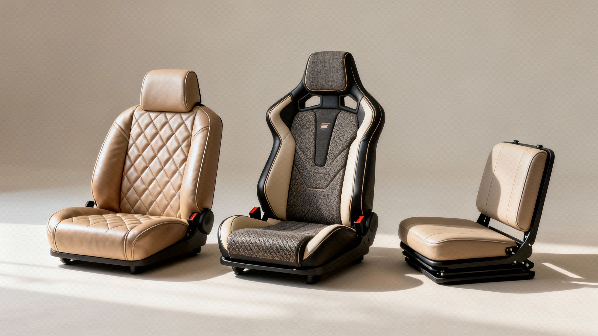 Three custom seat designs for golf carts: a classic quilted, a sporty bucket, and a simple utility seat.