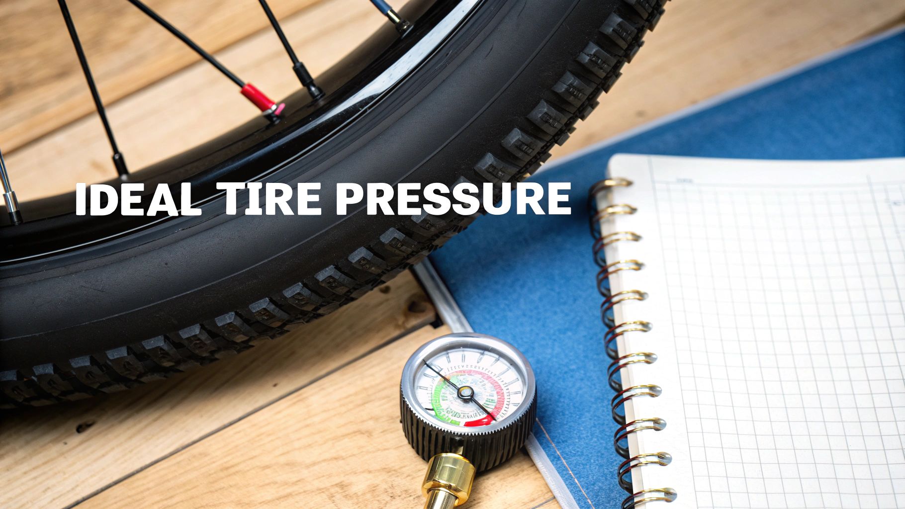 A bicycle tire with a pressure gauge and a notebook, indicating ideal tire pressure for maintenance.