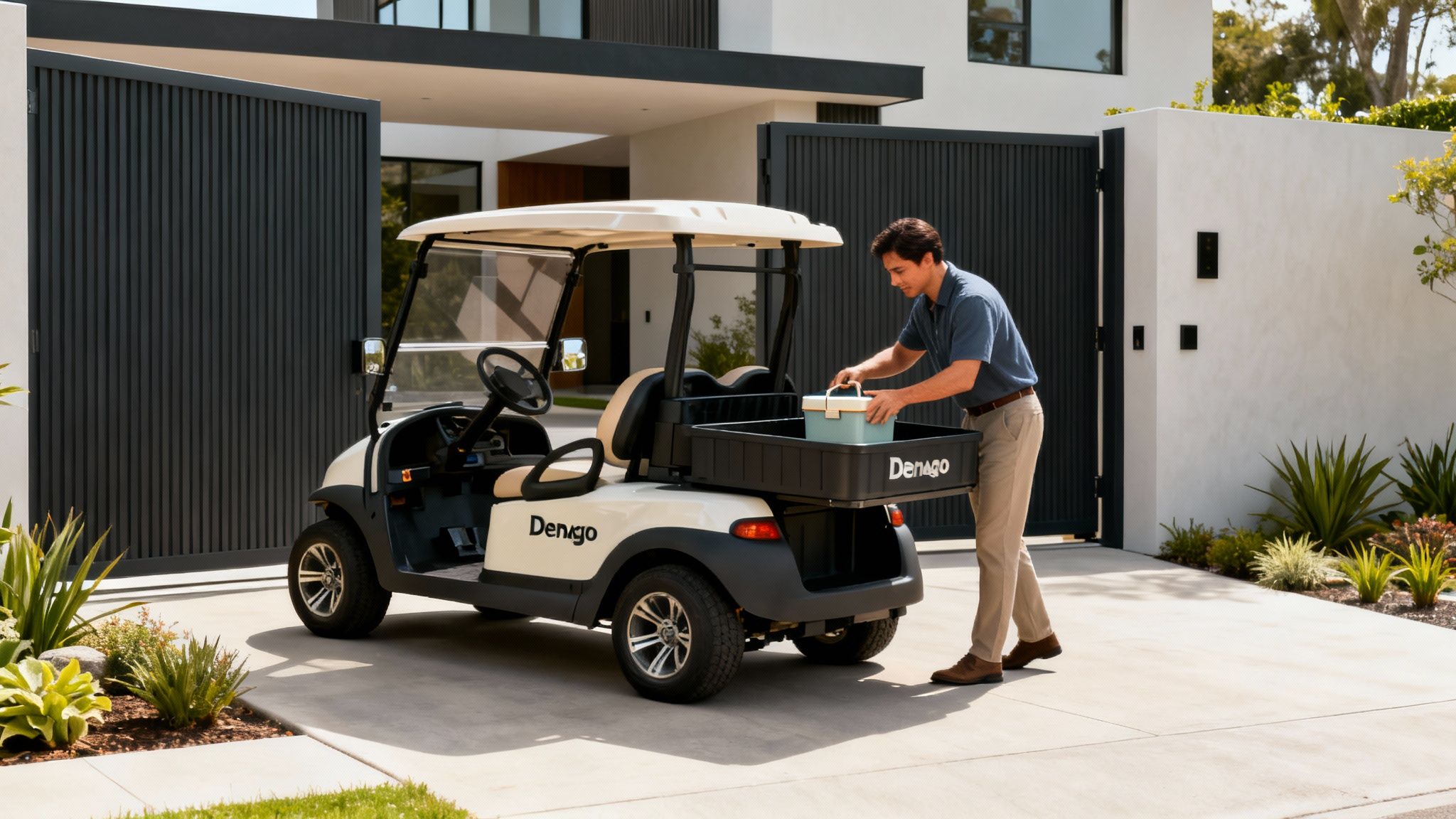 A man places a light blue box into the rear cargo bed of a white Denago golf cart.