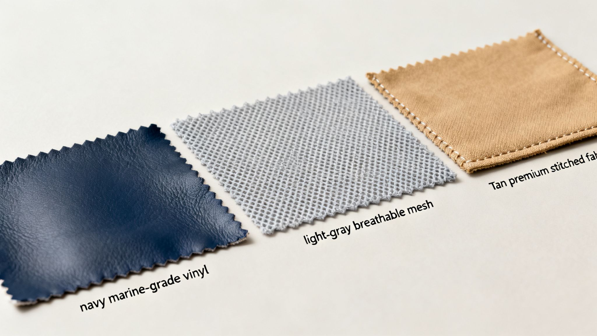 Three fabric swatches: navy marine vinyl, light-gray mesh, and tan premium stitched fabric options.