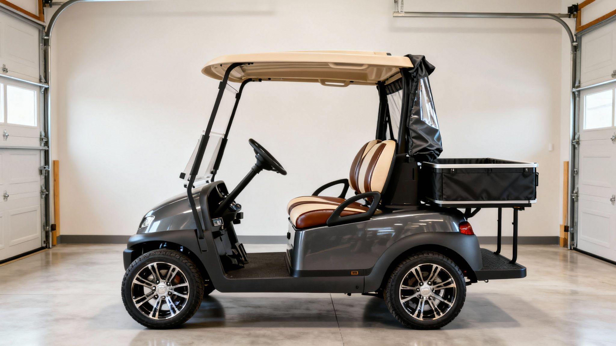 Side view of a modern dark gray two-seat electric golf cart with cargo box in a garage.