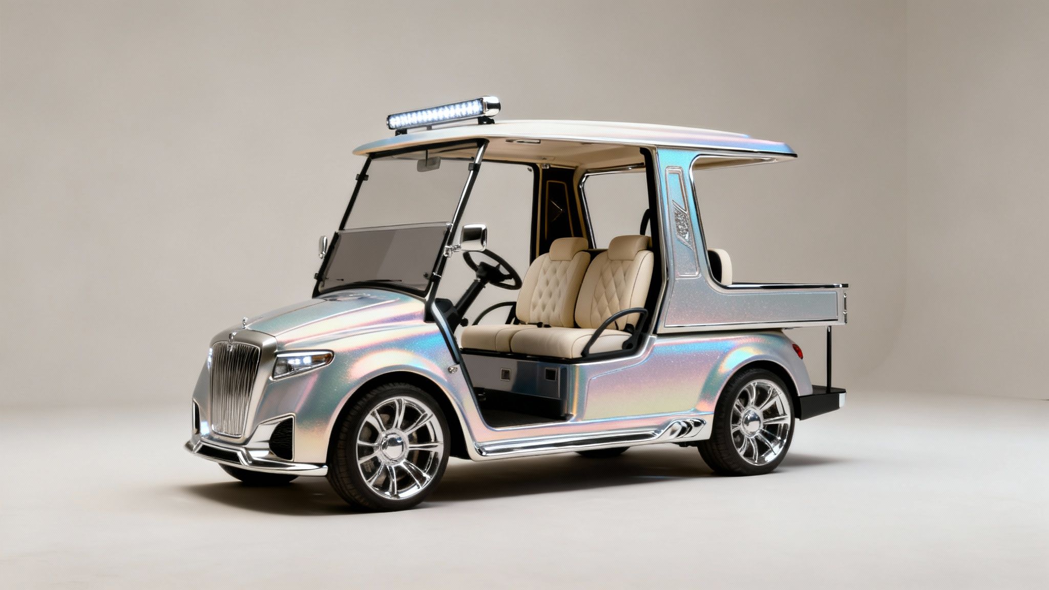 A dazzling custom luxury golf cart with iridescent paint, chrome accents, and cream interior.