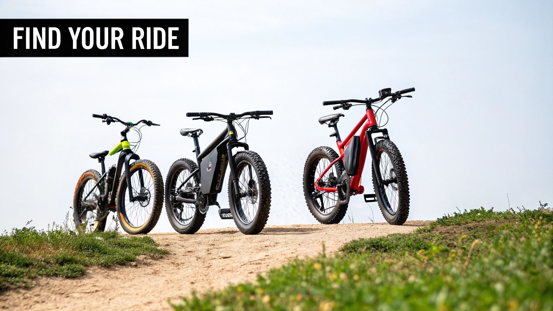 Three distinct electric fat tire bikes are parked on a dirt path, inviting a ride.