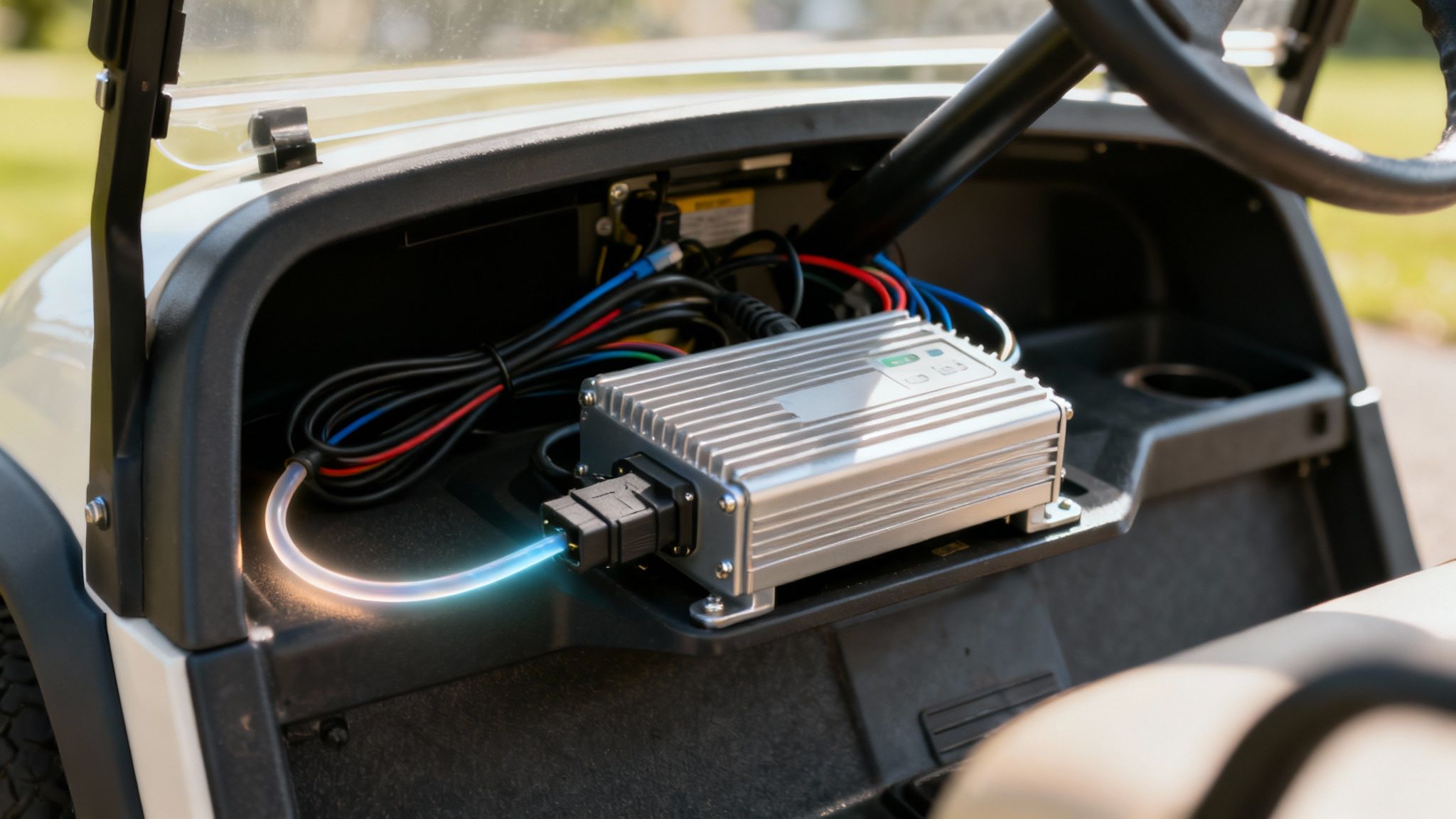 Silver aluminum golf cart motor controller installed with colored wires in cart storage compartment