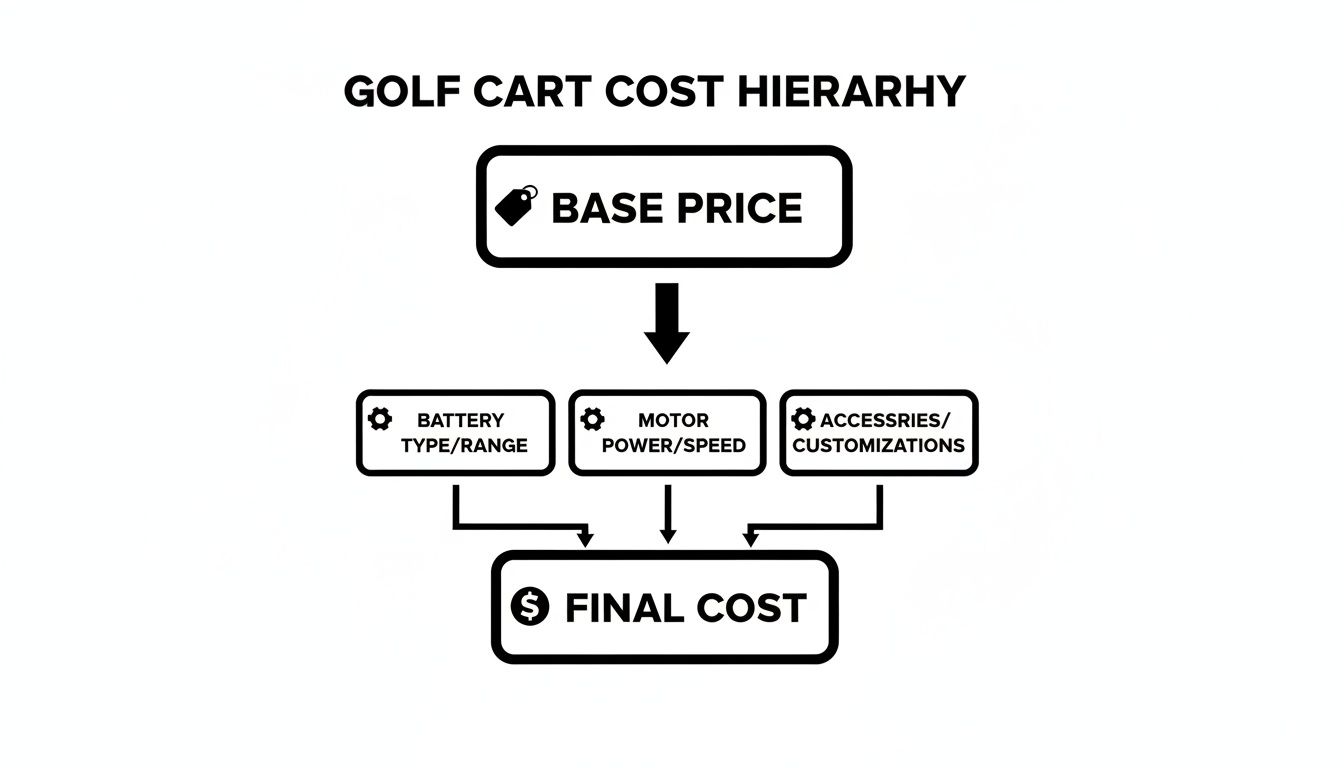 A flowchart titled 'Golf Cart Cost Hierarchy' showing that Base Price is influenced by Battery, Motor, and Accessories to determine the Final Cost.