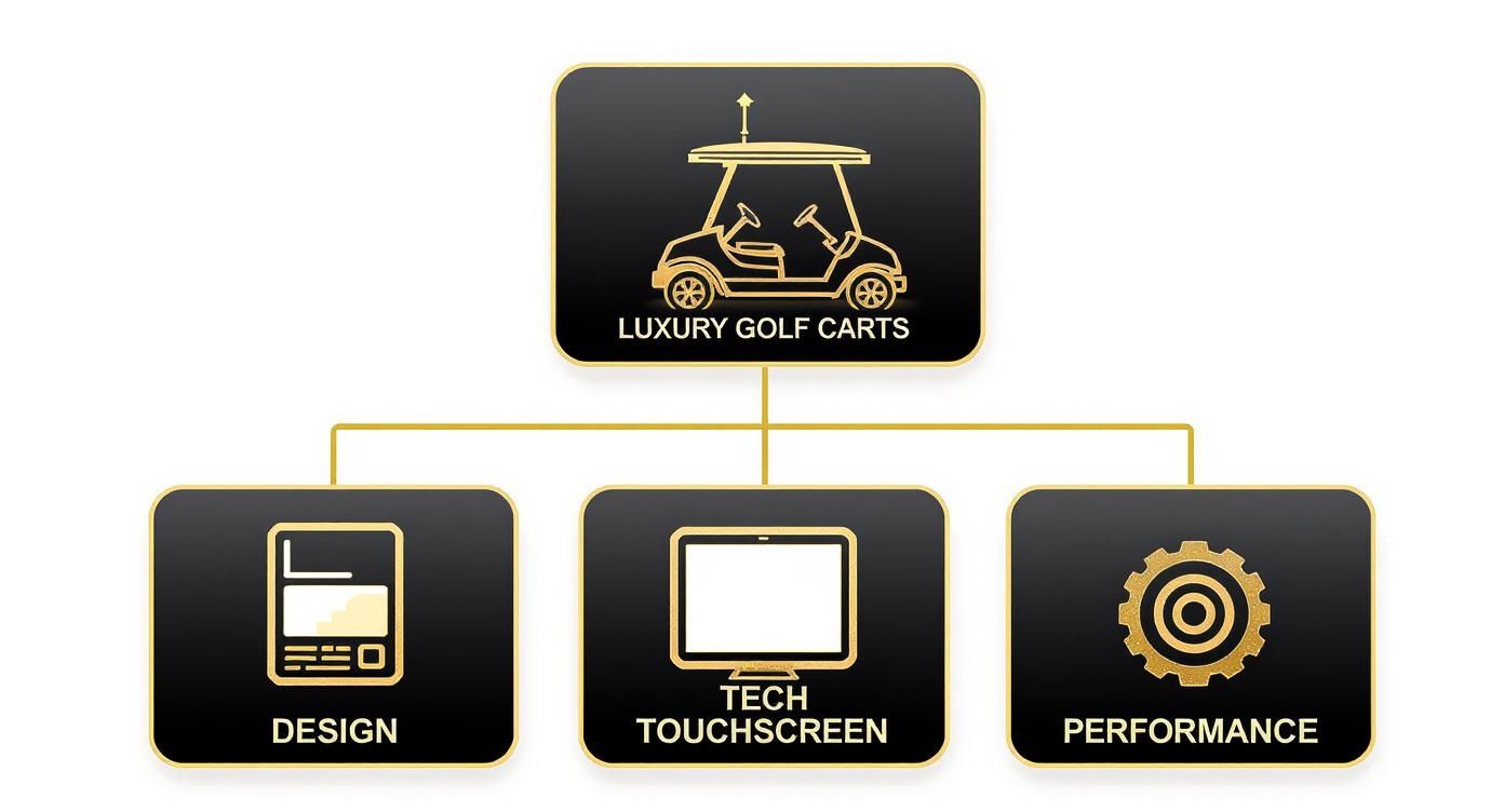 A diagram illustrating luxury golf carts connected to design, tech touchscreen, and performance features.