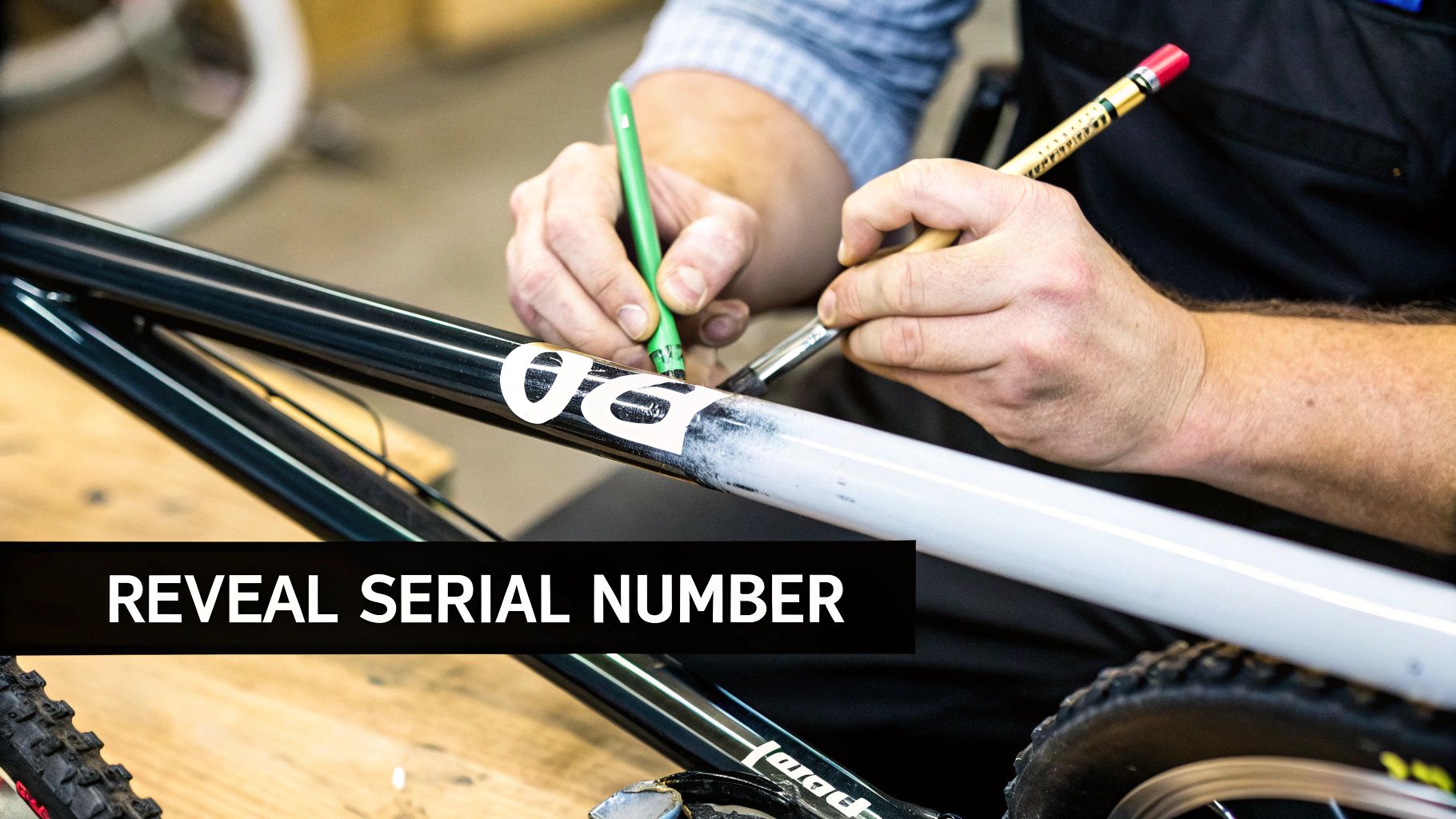 Hands are meticulously painting a bicycle frame, revealing part of a serial number.