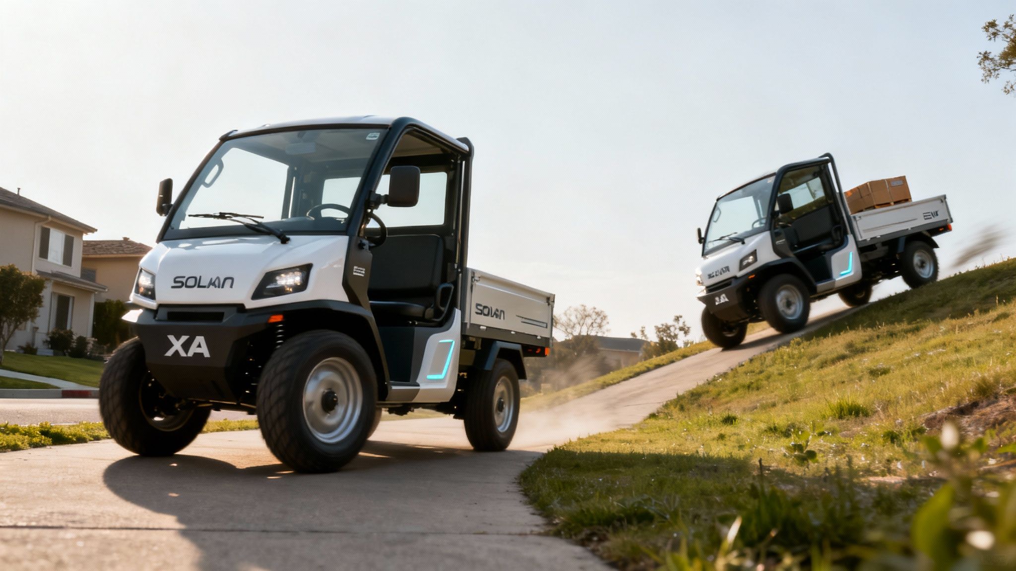 A Solana EV golf cart maneuvering smoothly on a paved path with green grass on the side.