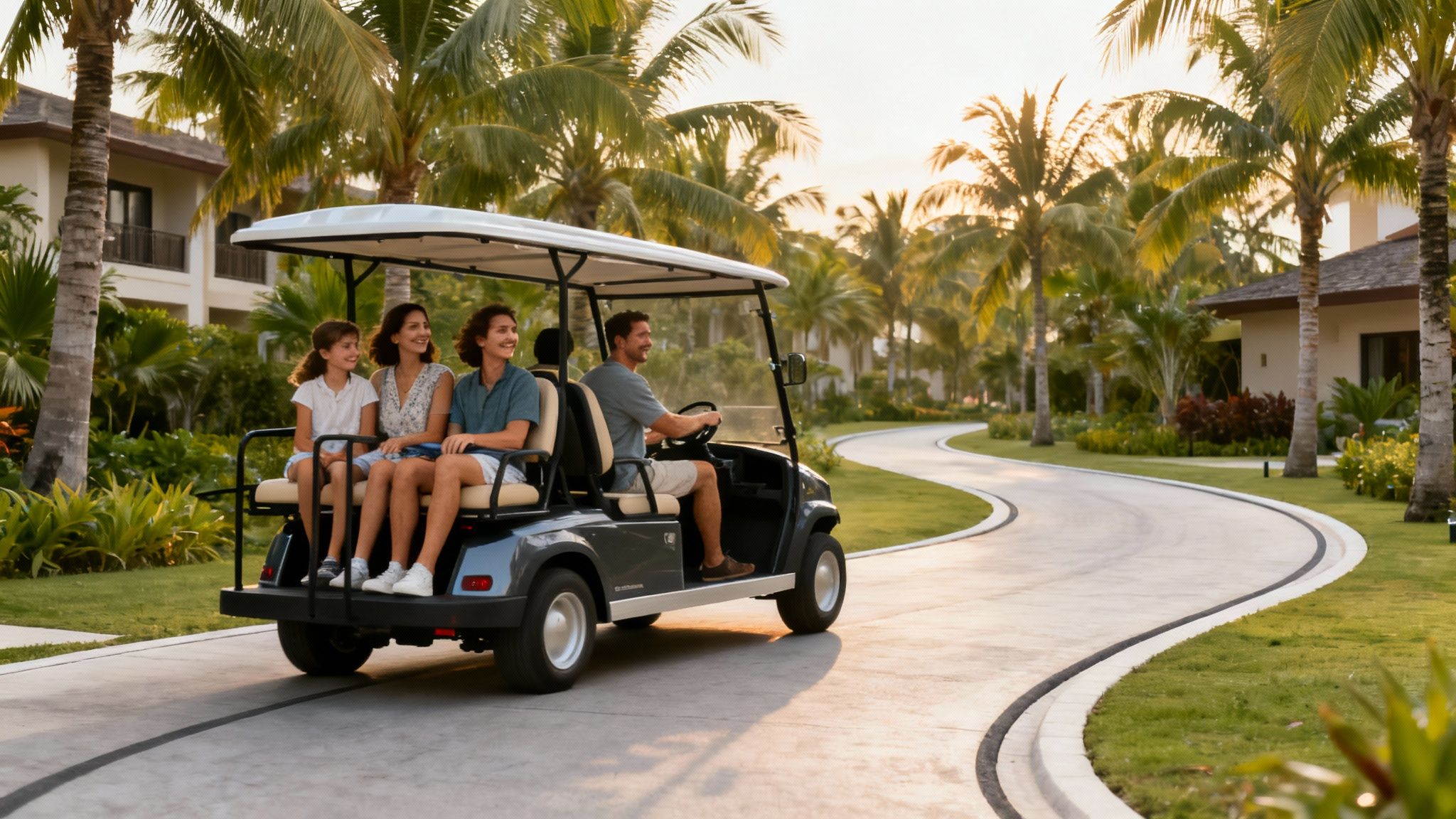 A happy family enjoys a ride in a golf cart on a winding path at a tropical resort.