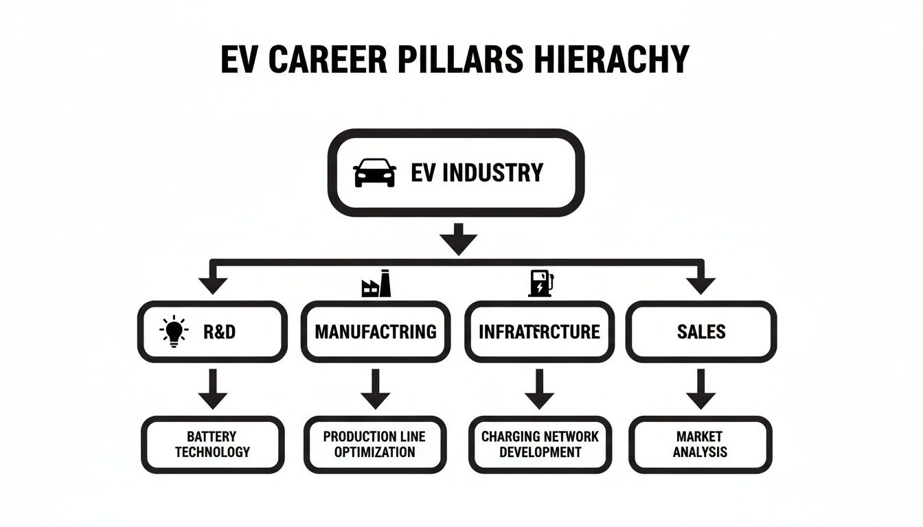 A hierarchical diagram outlining career pillars in the EV industry, from R&D to sales.