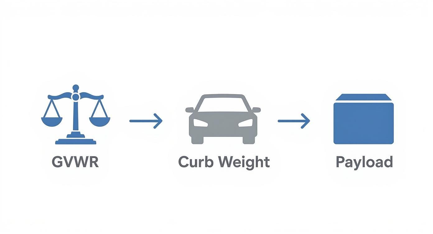 Diagram illustrating GVWR, Curb Weight, and Payload calculation for vehicle capacity.