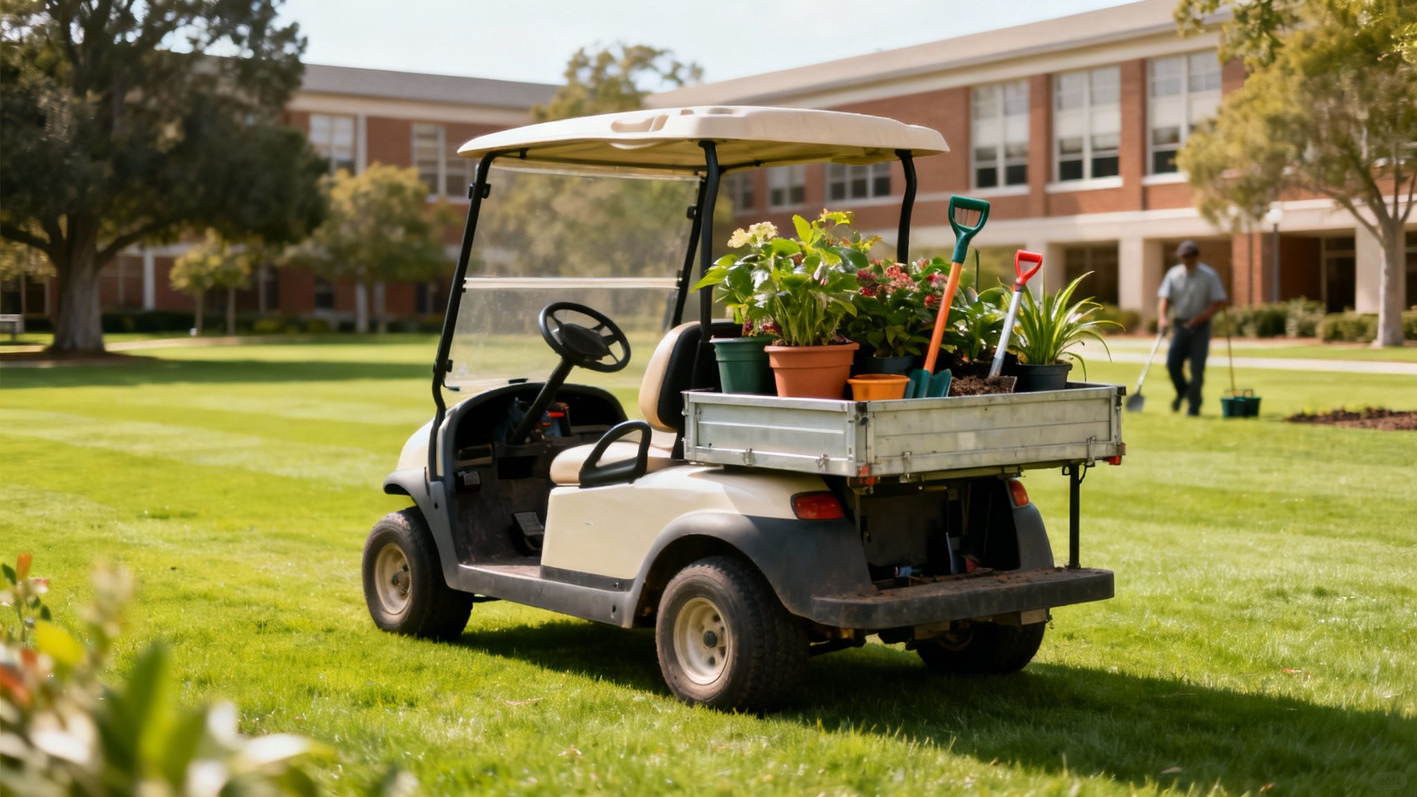 White golf cart with utility bed carrying potted plants and gardening tools on campus lawn