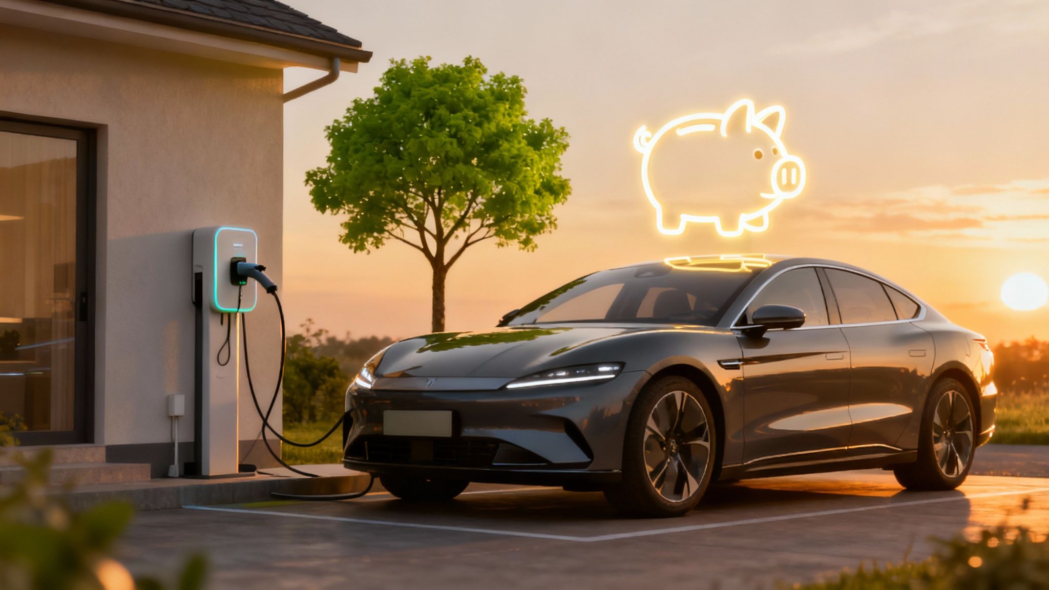 A family smiling together in front of their modern low emission vehicle parked in a scenic, green location.