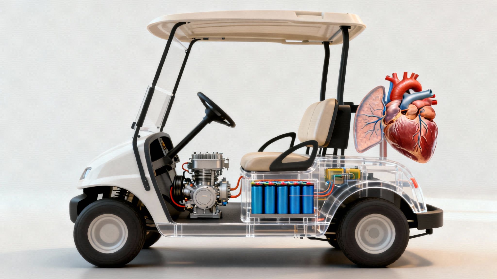 A close-up of a modern Solana EV golf cart motor and battery system.