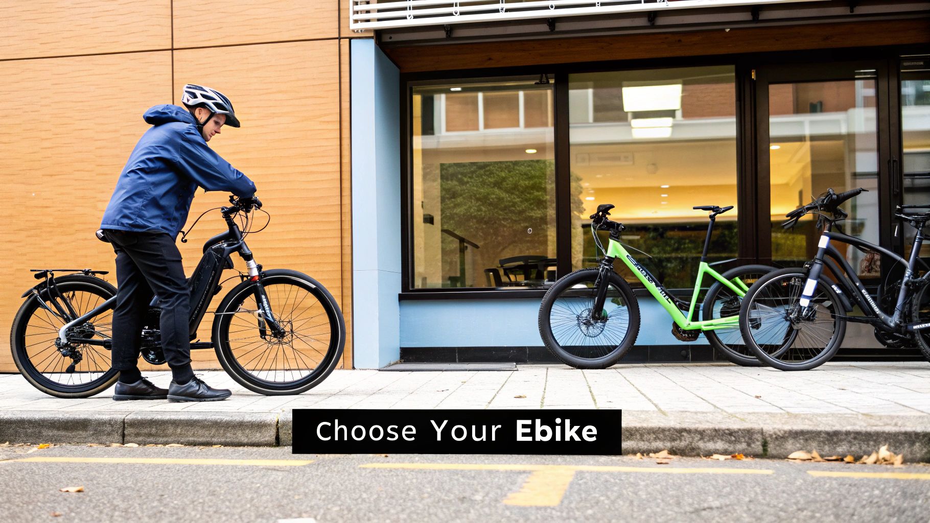 A person smiling while test-riding a pedal assist ebike in a bike shop.