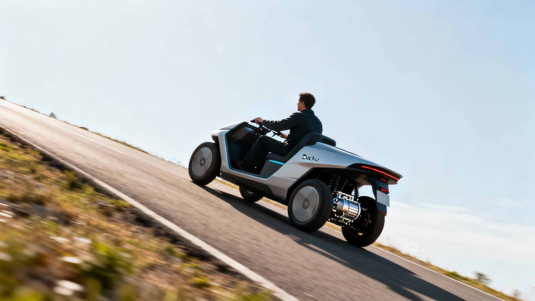 A person drives a futuristic three-wheeled electric golf cart up a paved road.