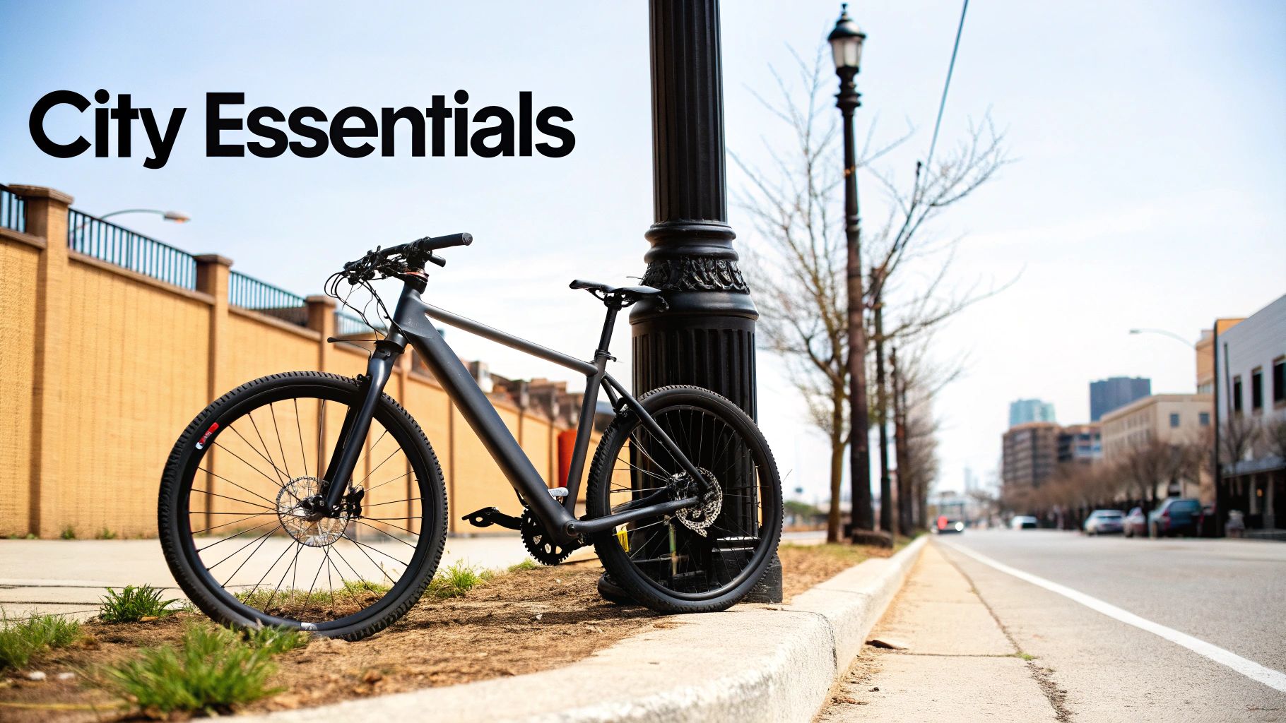 A matte black city bicycle leans against a black lamppost on a sunny urban street with text 'City Essentials'.
