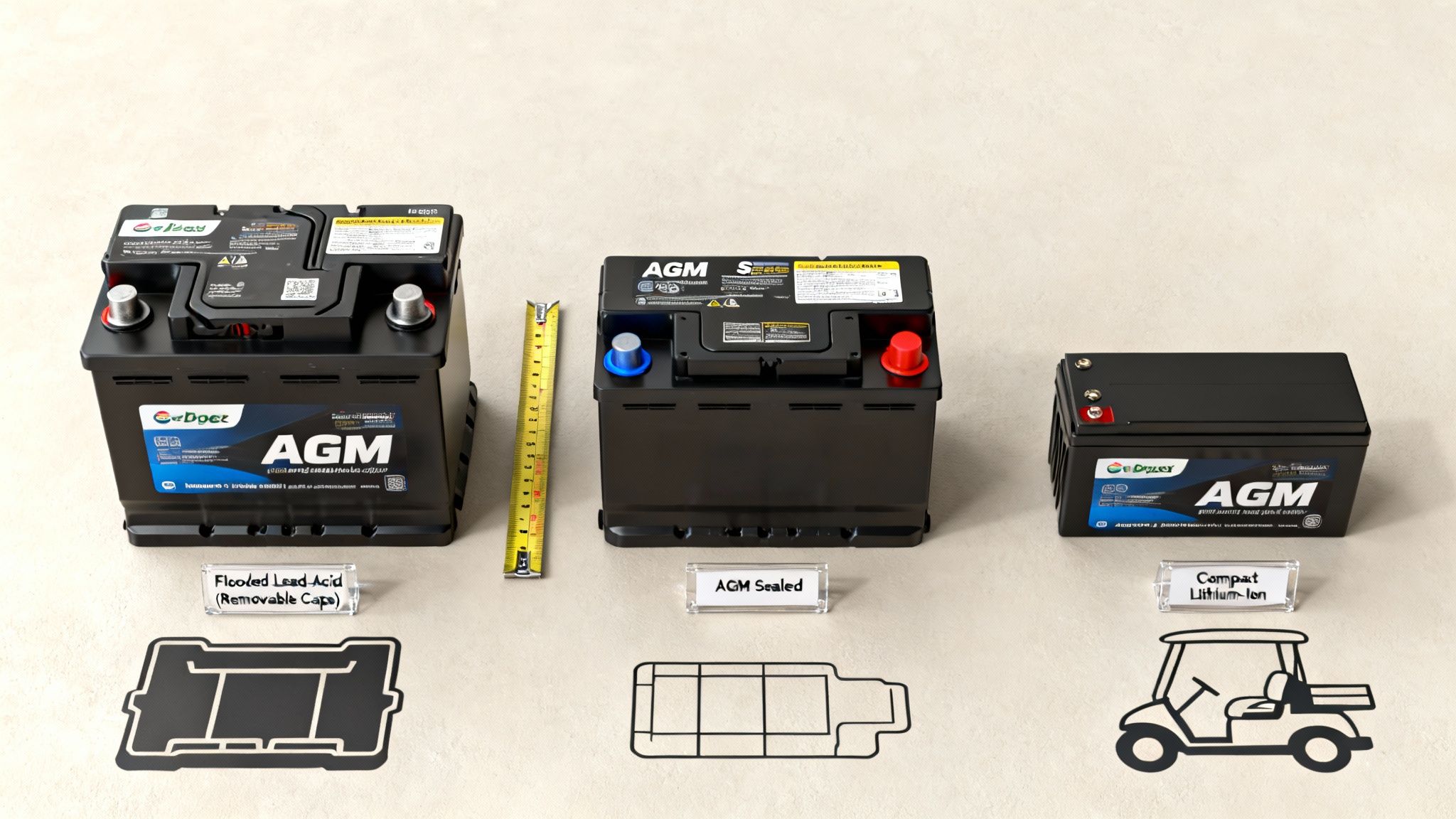 A visual comparison of three different types of golf cart batteries: flooded lead acid, AGM sealed, and compact lithium-ion, displayed with descriptive labels and a measuring tape.