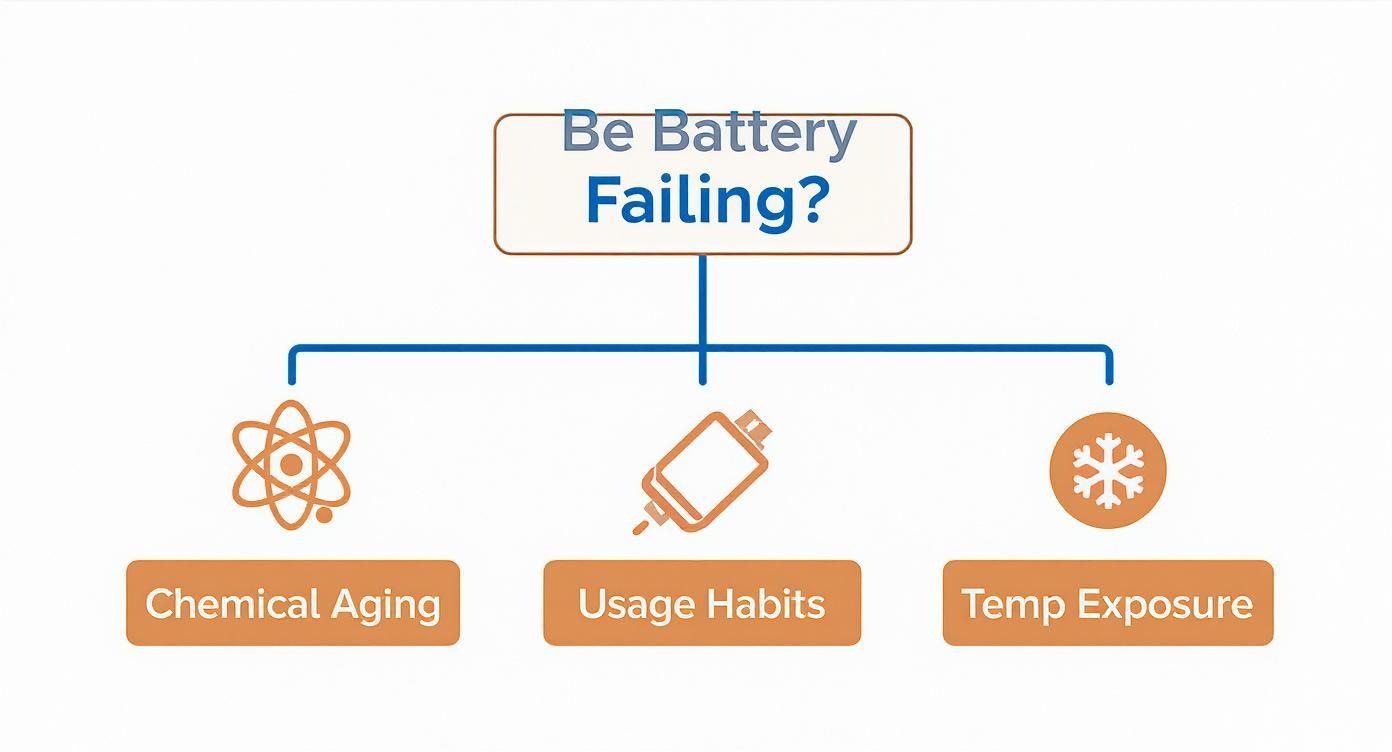 A diagram illustrating the main factors contributing to battery failure: chemical aging, usage habits, and temperature exposure.