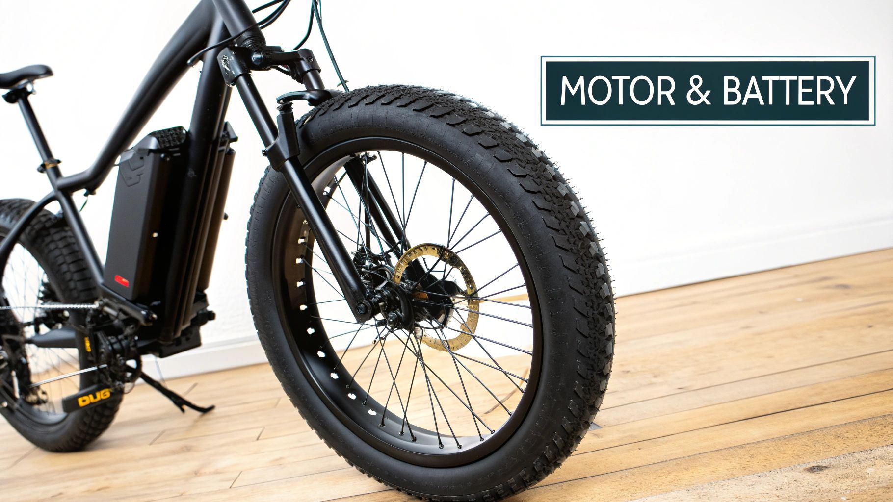 Black fat tire electric bike front wheel with motor and battery components displayed